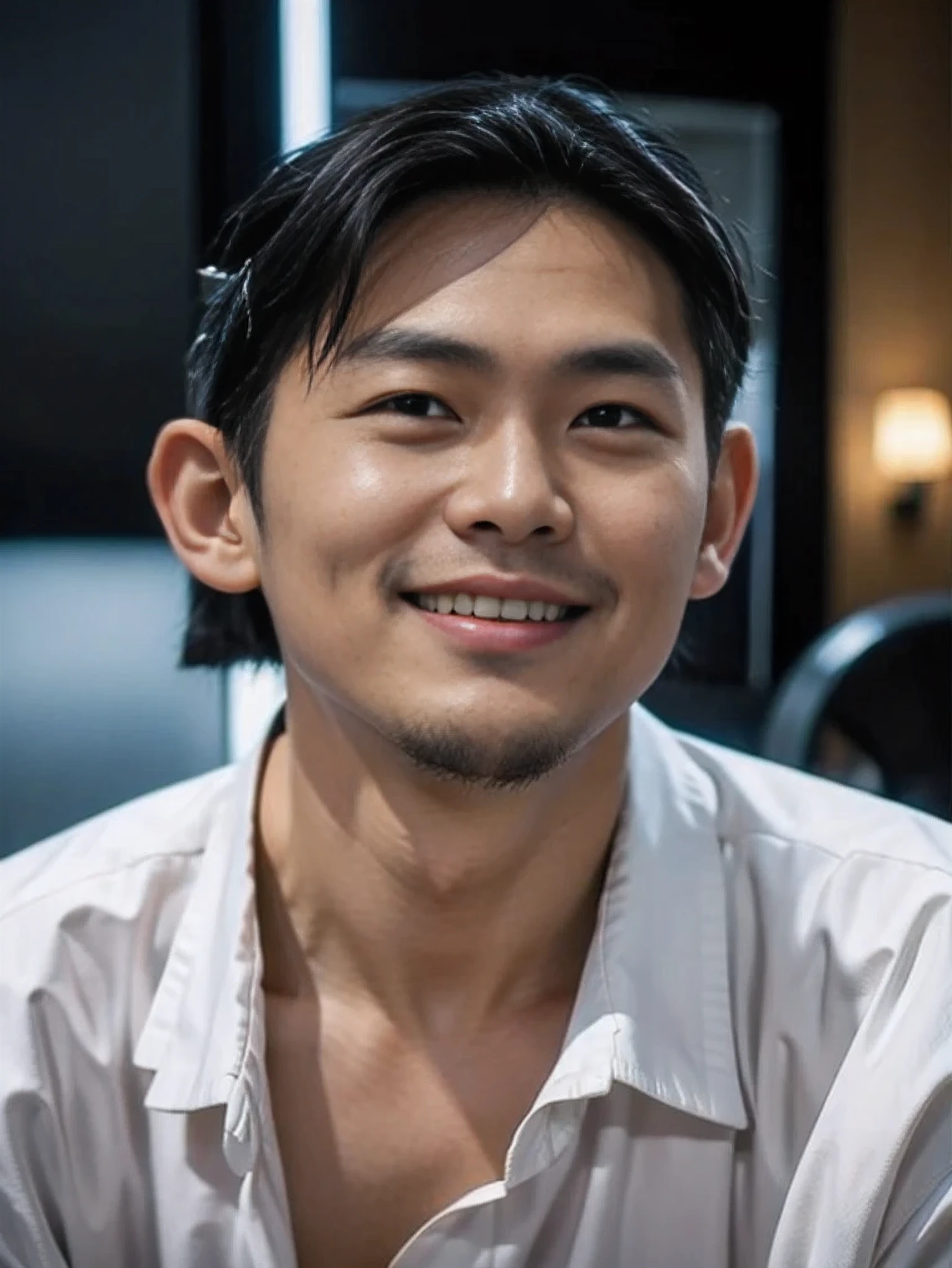 ((Masterpiece), (best quality), (raw photos), (realistic:1.4), The photos are very realistic., Portrait of a 33 year old Vietnamese man..),silver black hair, (Smiling with open teeth), ((Wear a white shirt..)),The light from above shines down.. (dark blue background), Image taken in 1975 by Fujifilm XT3..