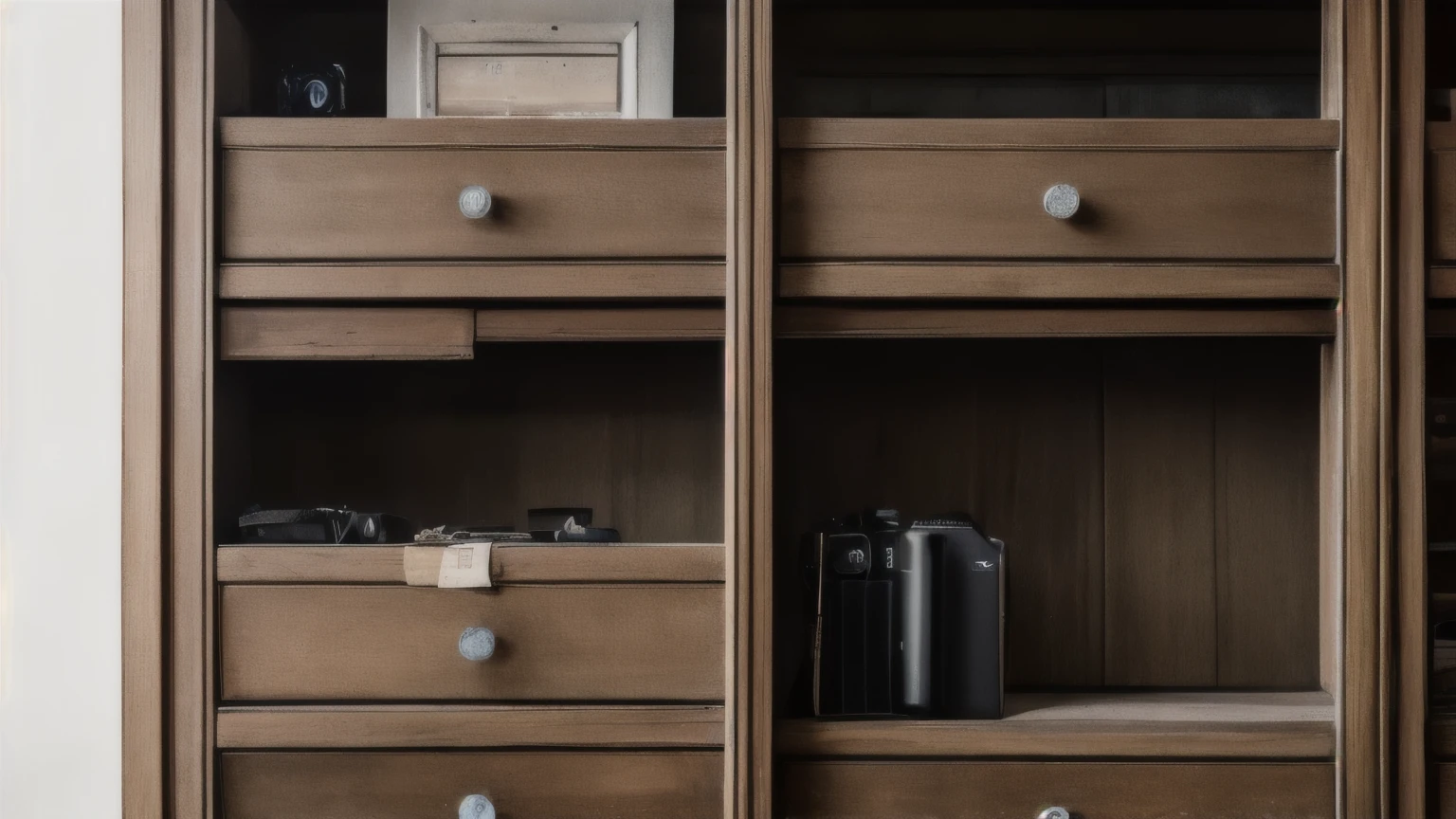 hyper ultra realistic photographs full body of A small, weathered wardrobe sits unassumingly on a white background. Its slightly ajar drawer reveals a glimpse of vintage jewelry, faded photographs, and other forgotten treasures, promising a glimpse into someone's hidden life. ratio 16:9, 4k, 8k resolution, High quality photo, high detailed, imagesharp focus, Cinematic lighting,hyperdetailed & Unreal engine, detail, realism, photography,cinematography, camera NIKON, lens NIKKOR flagship, masterpiece. hyper-maximalism, ultradetailed photorealistic, light skin imperfections, final render, vray, photo, fashion