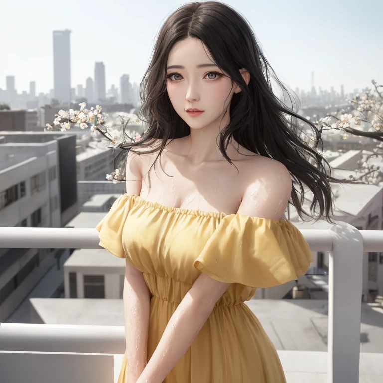 Realistic, textured skin, {best quality}, {highres}, beautiful and charming girl, 25 years old, focused, mature and delicate face, slender and charming figure, delicate and charming collarbone, shoulder-length messy hair, black hair , lively and big eyes, peach blossom single, (pale yellow dress), standing on the roof, leaning on the railing to see the distant city, {wet}, {annoyed}, simple background