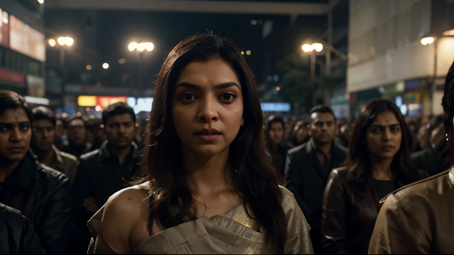 Colleagues cast furtive glances in Natasha's ( played by indian actress Deepika Padukone) direction, their whispers a cacophony of speculation and judgment. Natasha's isolation amidst the crowd is palpable, her anguish laid bare for all to see.ultra-wide shot, Ultra realistic, cinematic quality