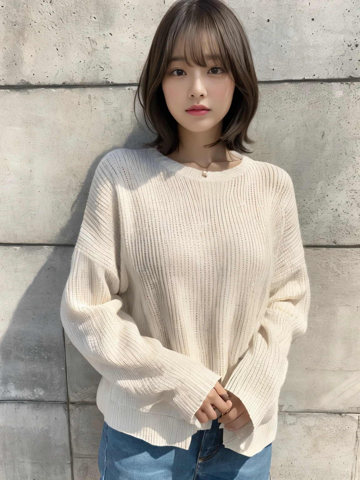 "(highest quality、16K resolution)"1 girl、solo、natural soft light、、japanese woman、((Don't look at the camera))white long sleeve knit、((Concrete background))facing the front、standing、beaver、woman in her late teens、light bangs、short hair、salon model、natural look、Portrait、floating hair、curled hair