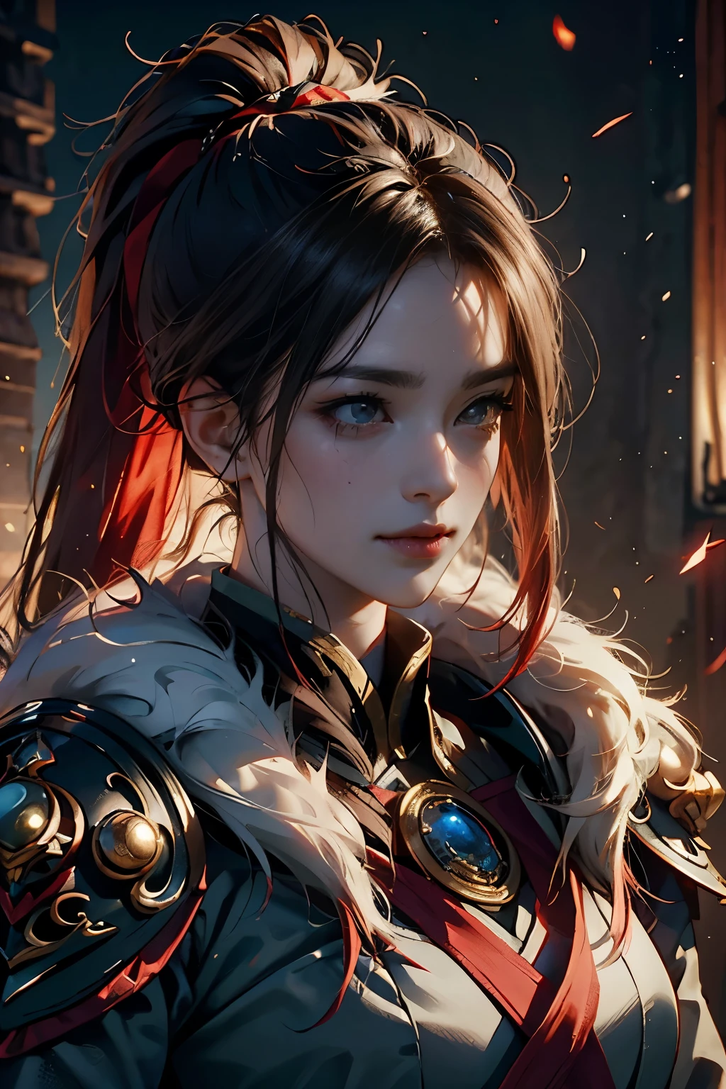 Game art,The best picture quality,Highest resolution,8K,(A bust photograph),(Portrait),(Head close-up:1.5),(Rule of thirds),Unreal Engine 5 rendering works, (The Girl of the Future),(Female Warrior),
20岁少女,((Hunter)),An eye rich in detail,(Big breasts),优雅高贵,冷漠,勇敢的,
(Medieval-style fur combat clothing,Glowing magic lines,Fur clothing with rich details),Medieval Lady Knight,Medieval ranger,
拍照姿势,简单背景,Movie lights,Ray tracing,Game CG,((3D Unreal Engine)),oc渲染反射纹