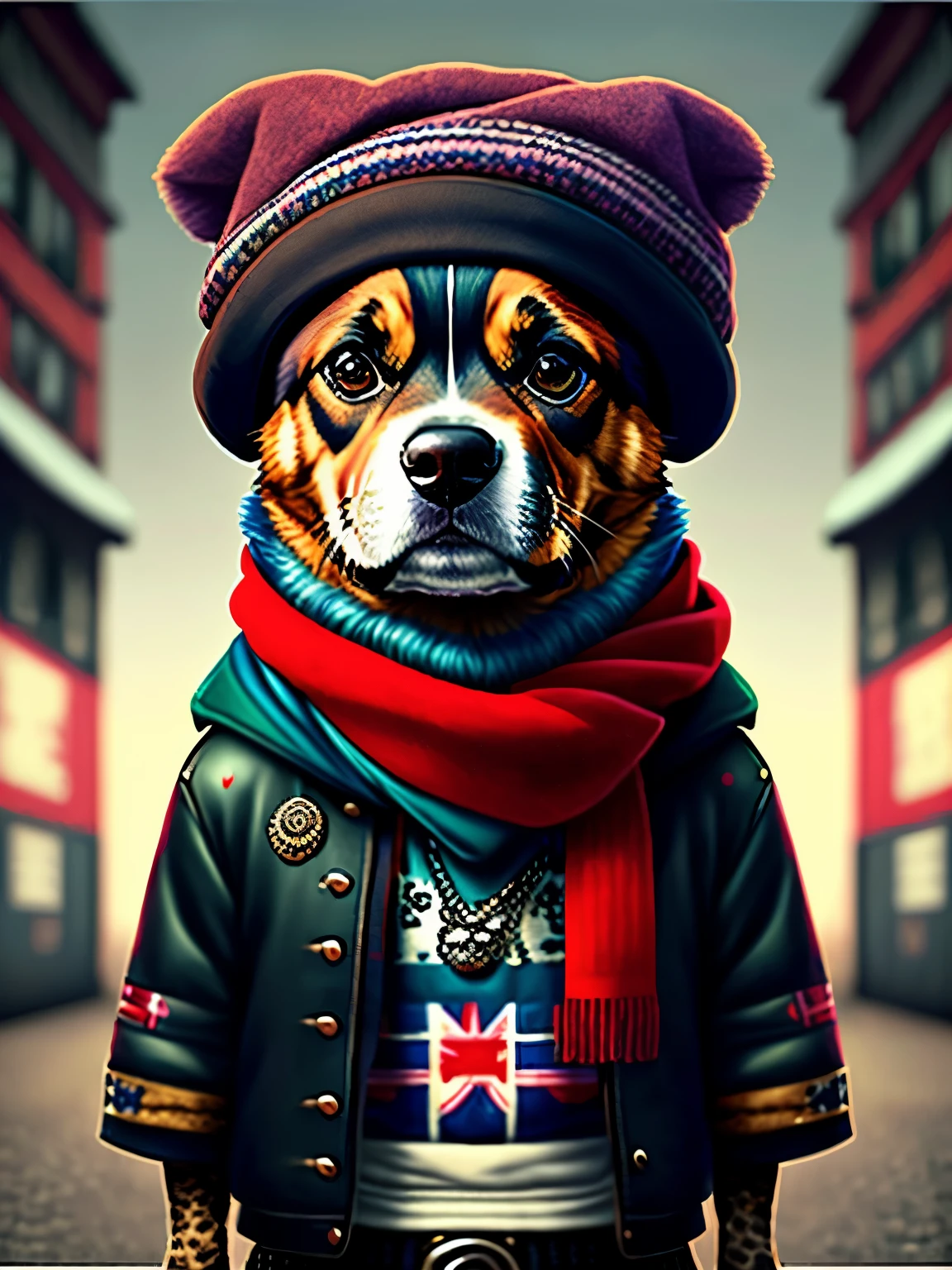 Photo of a dog in a hat and scarf, art station trends, wearing punk clothes, Surrealistic detailed rendering, British gang member, Urban style, intimidating pose, Dog Planet, fashion clothes, Urban Samurai, meow, Features of the Western Slavs, 8 1 5