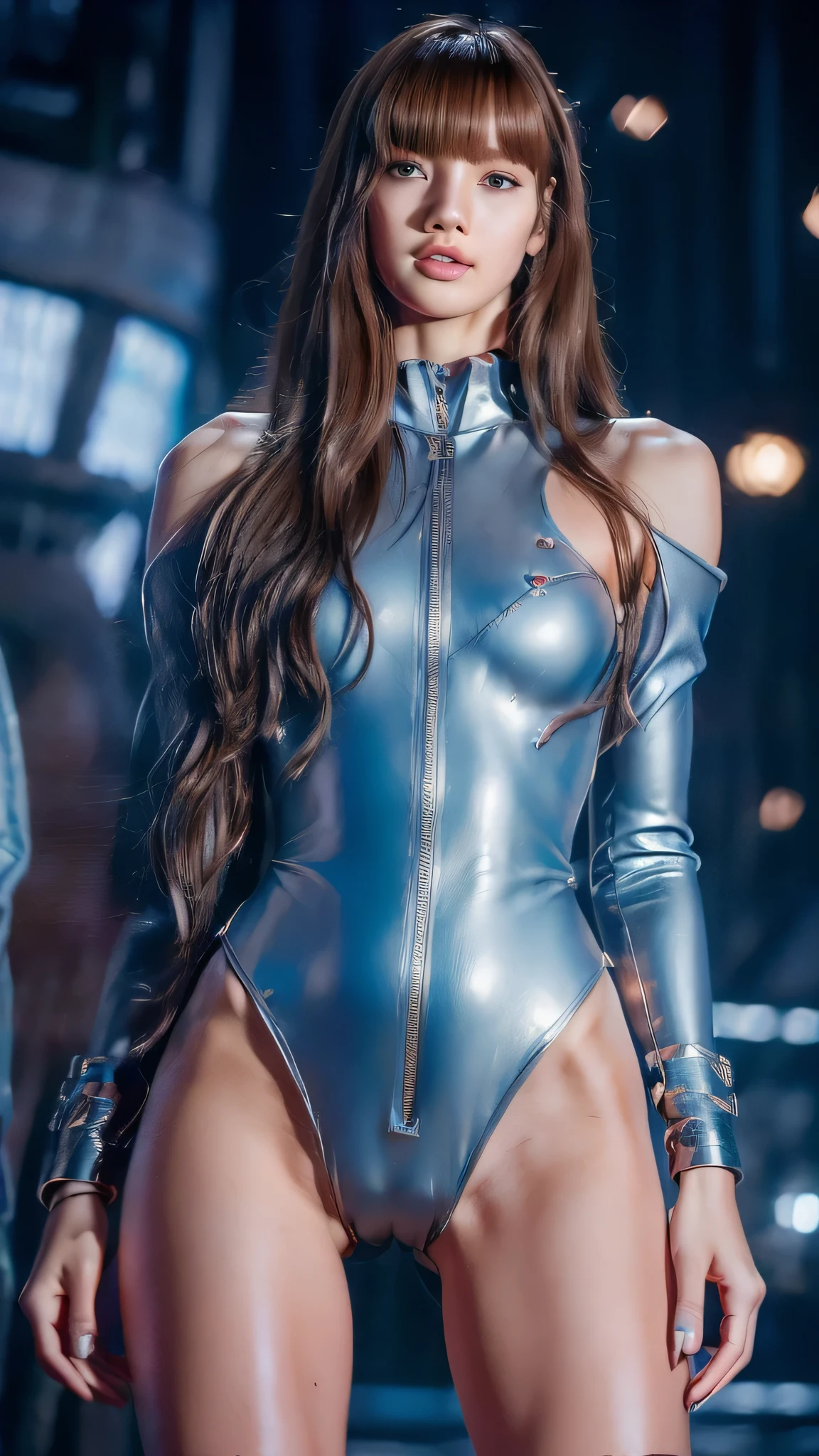 ((masterpiece, 8K, 3D, Realistic, Super Detail)), (1girl:1.3), slender , Ultra Micro photography, Super realistic, Perfect face, Beautiful features, ((Perfect female body)) Beautiful features, ( body), ((small hips)), Lisa Blackpink as machine suit ((Exposed thigh)), Exposed Skin, Front Full body Shot, full body portrait, futuristic city background
