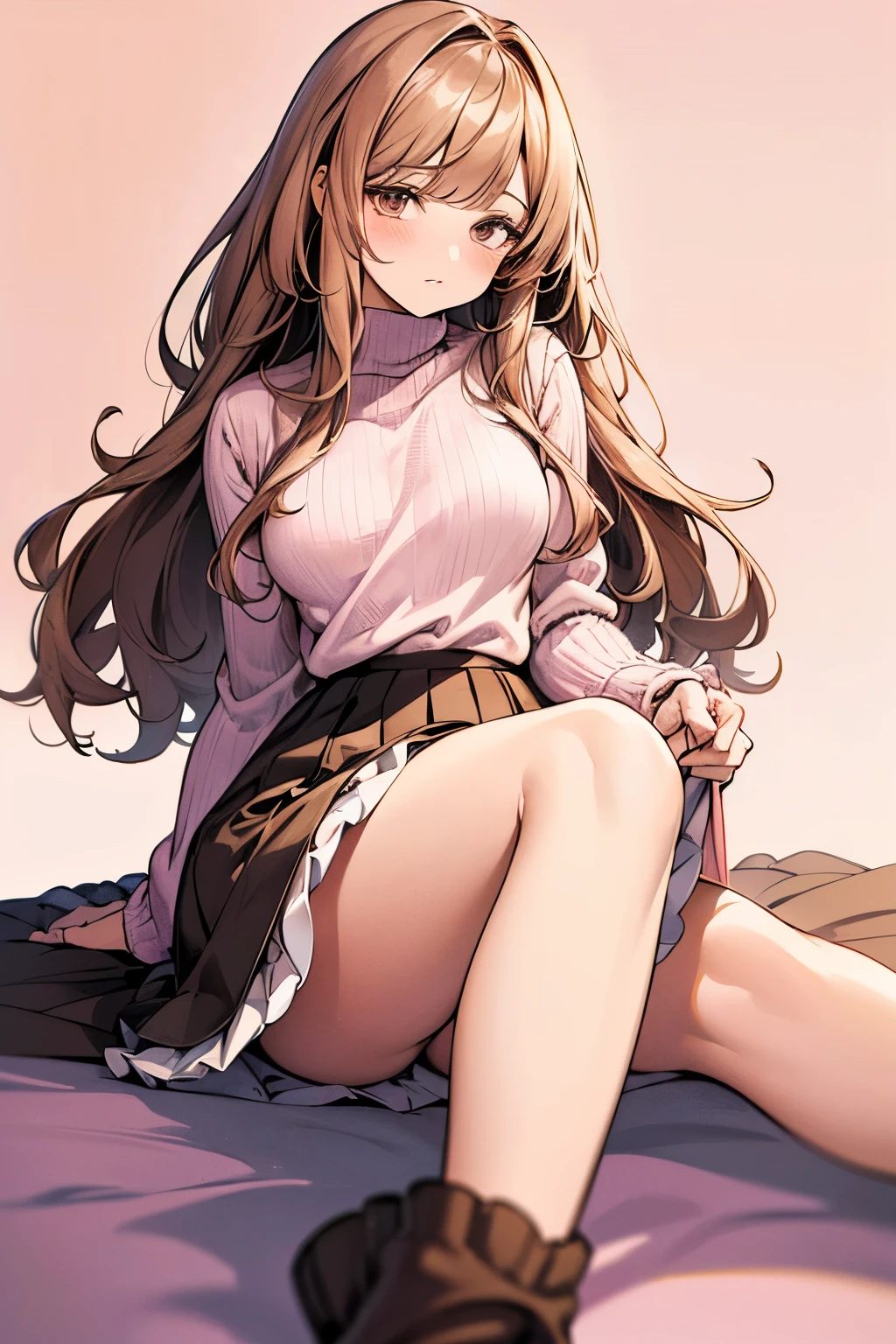best quality, 32k, RAW photo, incredibly absurdres, extremely detailed, delicate texture, cute woman, (glossy light brown fluffy flowing layered side blow bangs medium hairstyle), wearing fluffy long-pile knit sweater, fluffy skirt, skirt lift, stocking, fluffy long boots, amorous and lewd expression, superlative body proportion, (background pastel color:1.4)