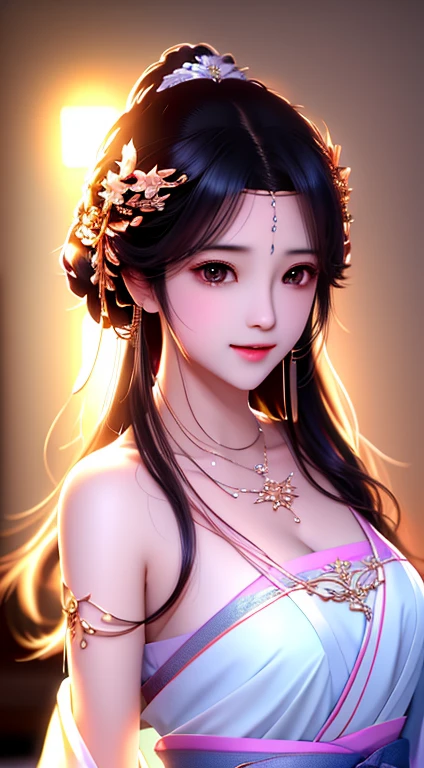 best quality, masterpiece, highres, 1girl,blush,(seductive smile:0.8),star-shaped pupils,china hanfu,hair ornament,necklace, jewelry,Beautiful face,upon_body, tyndall effect,photorealistic, dark studio, rim lighting, two tone lighting,(high detailed skin:1.2), 8k uhd, dslr, soft lighting, high quality, volumetric lighting, candid, Photograph, high resolution, 4k, 8k, Bokeh