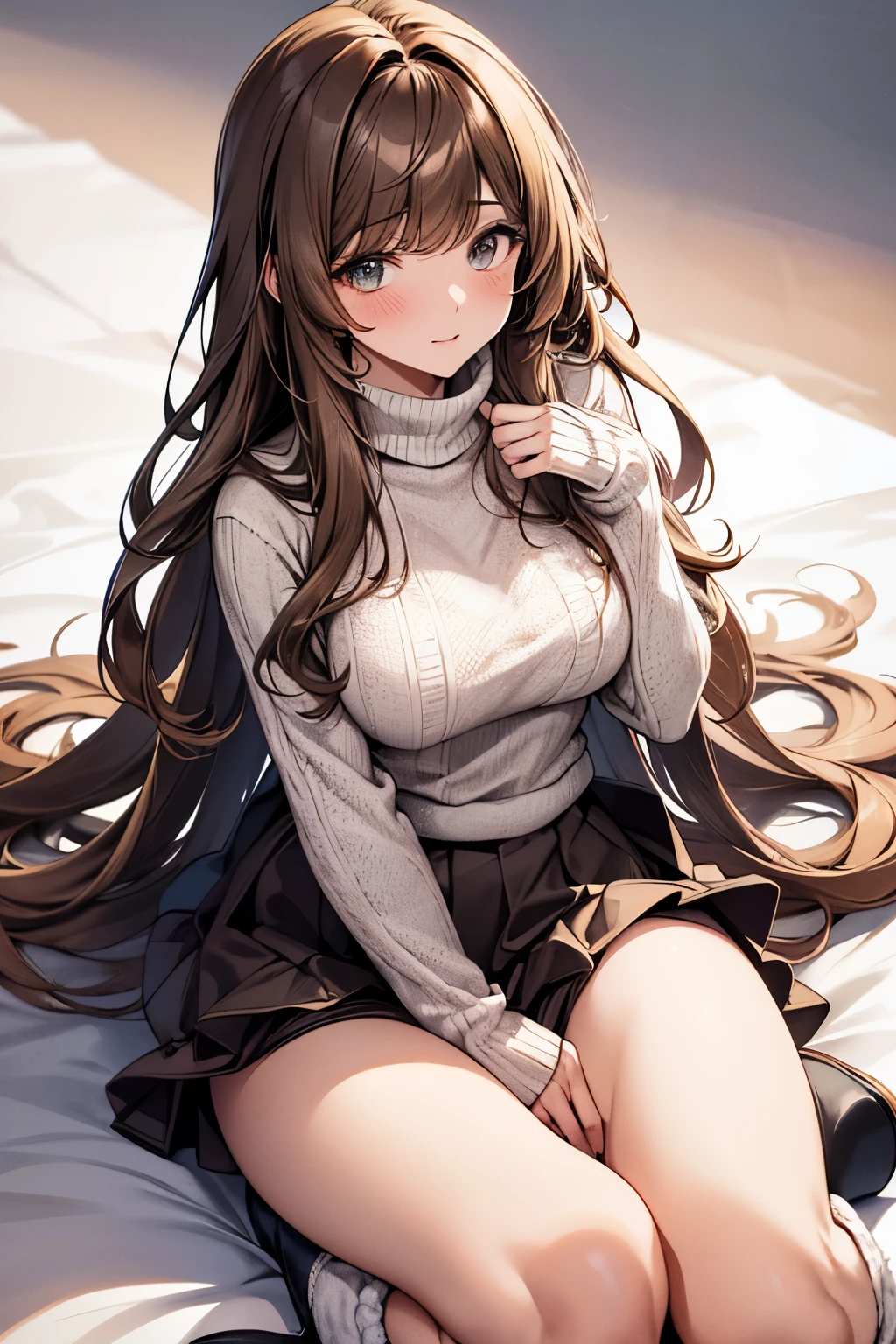 best quality, 32k, RAW photo, incredibly absurdres, extremely detailed, delicate texture, cute woman, (glossy light brown fluffy flowing layered side blow bangs hairstyle), wearing fluffy long-pile knit sweater, fluffy skirt, skirt lift, stocking, fluffy long boots, amorous and lewd expression, superlative body proportion, background pastel color