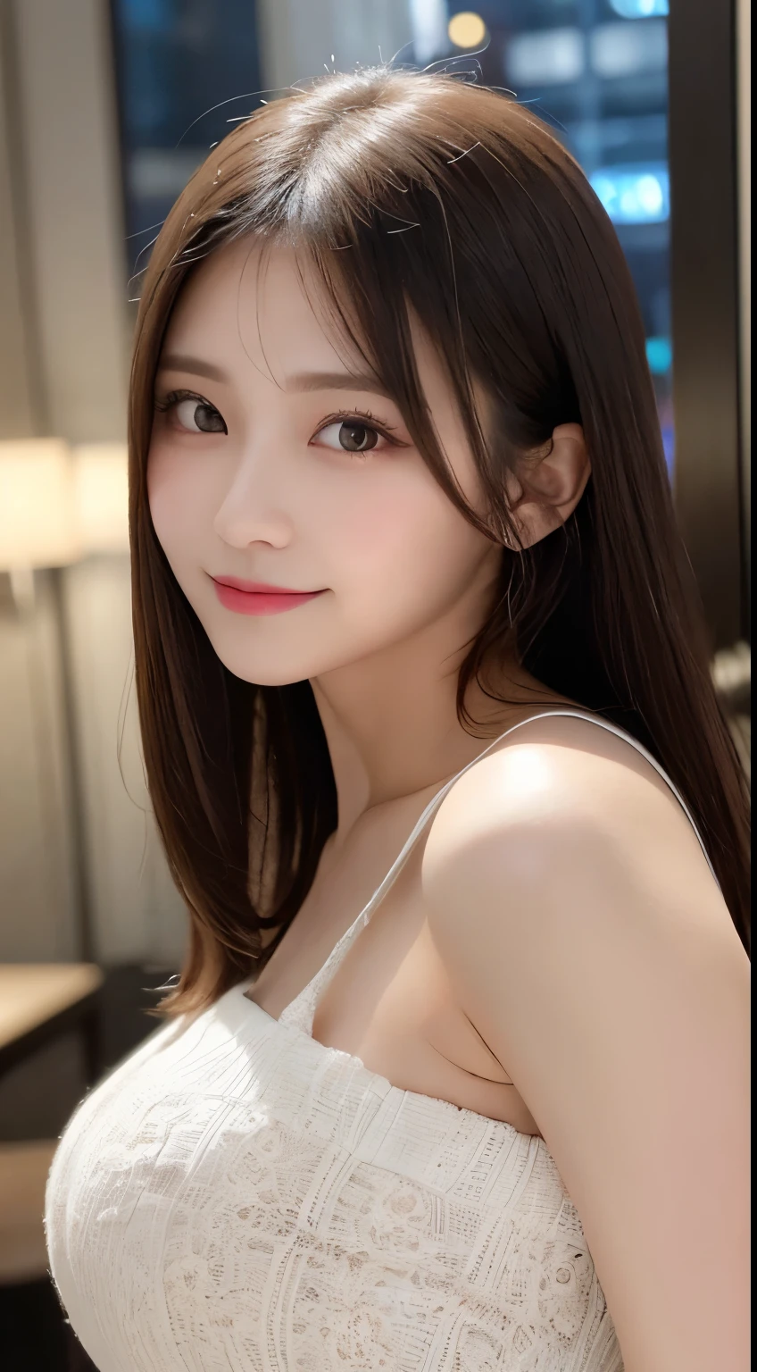 table top, highest quality, shape, Super detailed, finely, High resolution, 8k wallpaper, 完璧なダイナミックな構shape, beautiful and detailed eyes, elegant and gorgeous dress(With slit),straight hair,,natural color lip,smile,20 year old girl、cute、Sexy looking at camera,Always blur the background,perfect and beautiful face,Take only the face,beautiful and detailed face、slim face and style、Big eyes、elegant face、beautiful and detailed face、KPOP idol face、japan idol face、Big eyes、The top floor of a high-rise hotel、background is blurred、Take a full body photo、Gal Pose、real photos