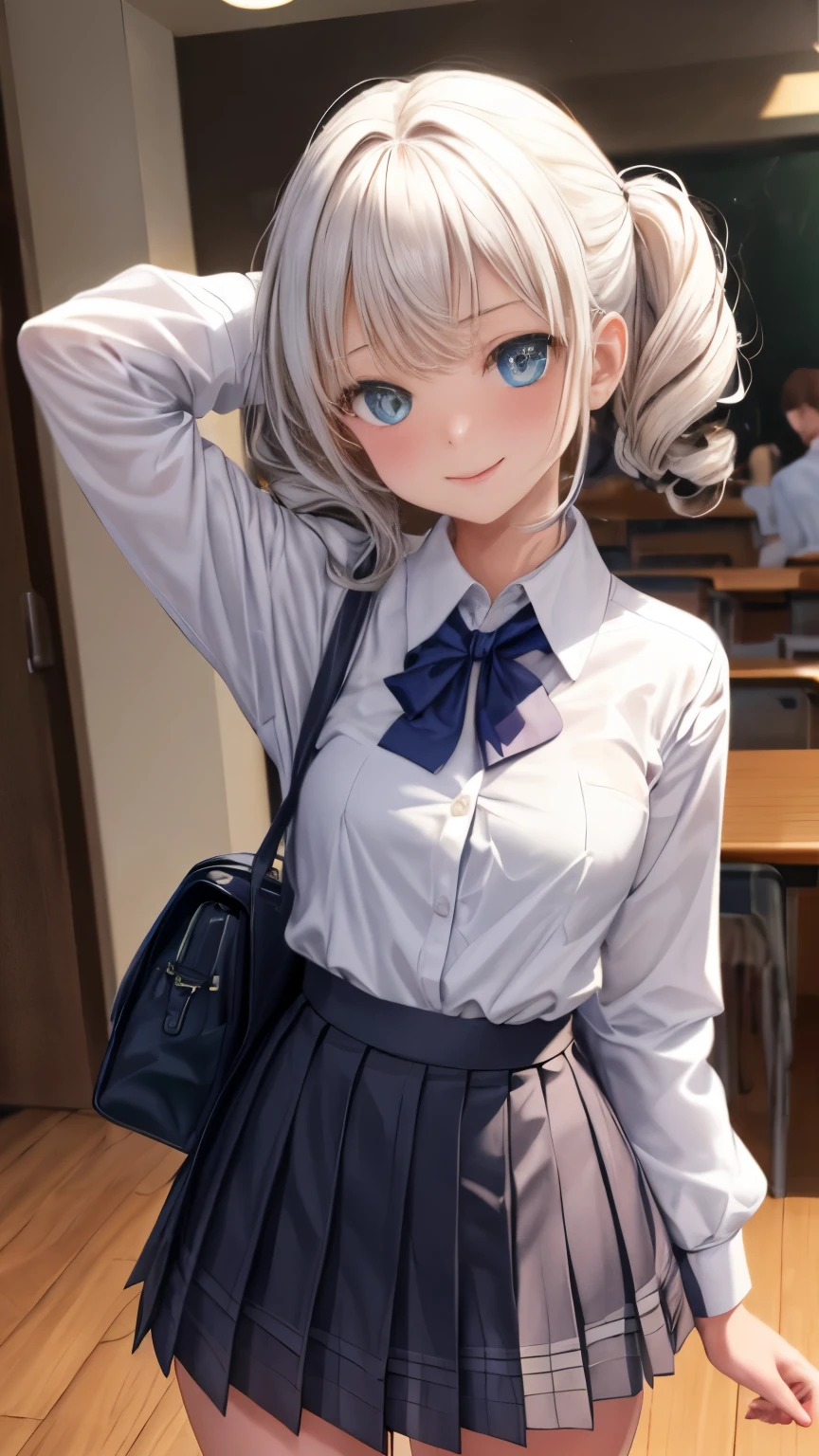 School, highest quality, (table top:1.2), figure, absurd, (1 girl), (alone), (beautiful detailed girl), (Upper body, portrait), small breasts, , smile, blush, looking at the viewer,looking at the viewer、1 girl、solo、Full body Esbian、standing、backwards、cowboy shot、 Waterstone、heterochromia iris、twin drill、{{school uniform}}, (white collared shirt:1.5), white shirt, checked skirt, pleated skirt,