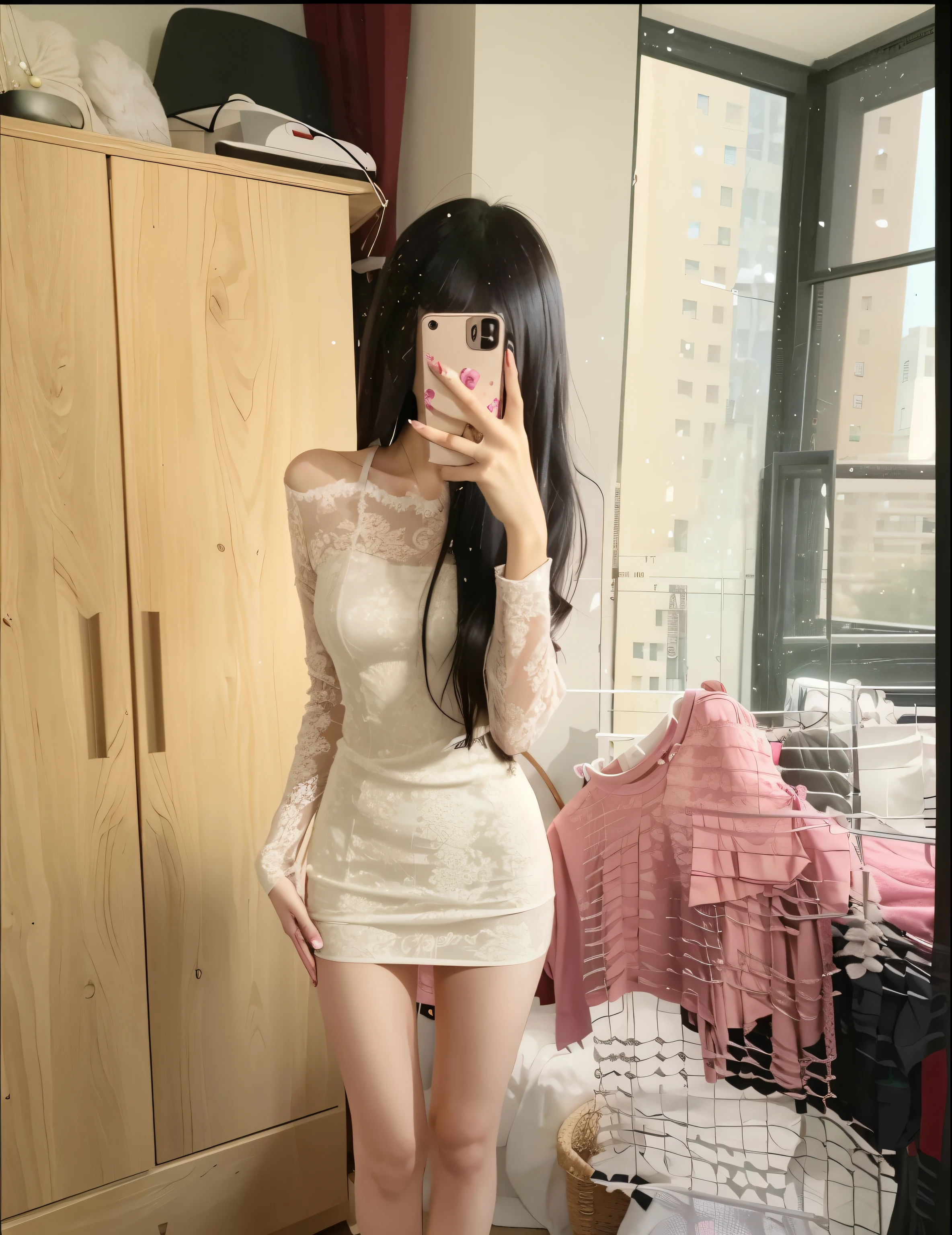 A woman wearing a skirt takes a selfie in her bedroom, 1 8 yes, sexy dress, slim girl photos, 24 years old female model, wear clothes, wearing tight simple clothes, Plump and very thin, short skirt, [32k HD]^10, Gorgeous Chinese model, mesmerizing and seductive, whole body! pretty face