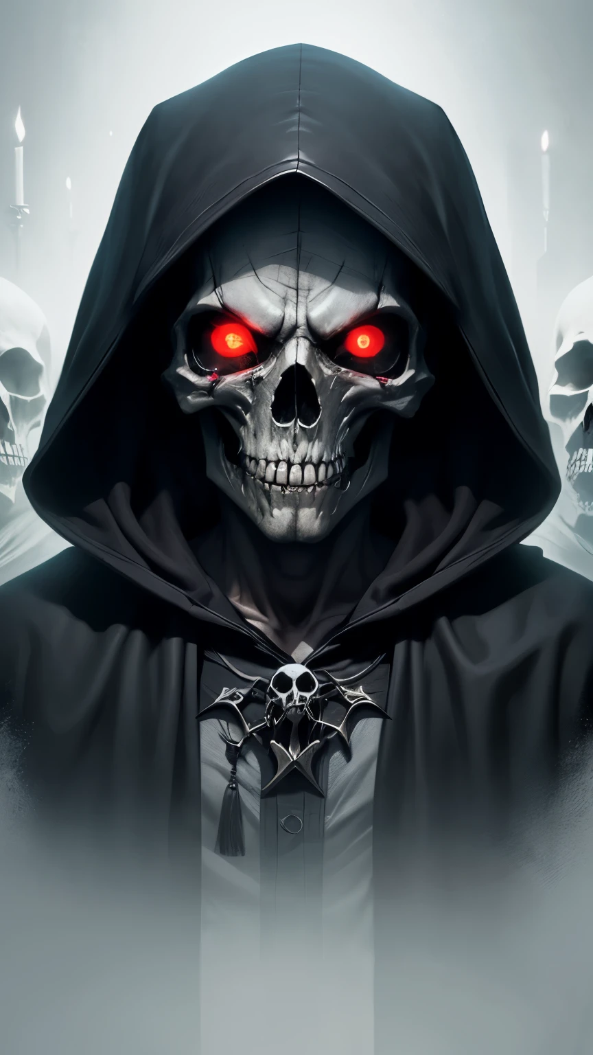 Close-up of Grim Reaper, dark but detailed digital art, hooded skull, rich, evil death, very detailed strange, dark fantasy digital art, fantasy skull, undead rich, horrific digital art, reminded me of the god of death, dark masked necromancer, Detailed 4K horror illustration, portrait of the Grim Reaper, Red eye -- automatic