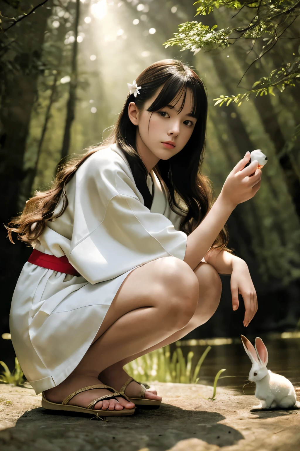 masterpiece, best quality, hyperrealistic, cinematic photo, 18 year old girl, pale skin, japanese amazing slim and fit body, samurai mask hairpin, Decorated Yukata, bare foot, holding white rabbit, long brown wavy hair, large legs, perfect hands, beautiful face, perfect face, youthful, (blured background), modern style, from below, (low-angle shoot), full body shot, squatting, underneath shot, (view viewer), looking at viewer,(8k, epic composition, photorealistic, sharp focus), sophisticated background, pond in a forest as background, DSLR, foil grain, backlight