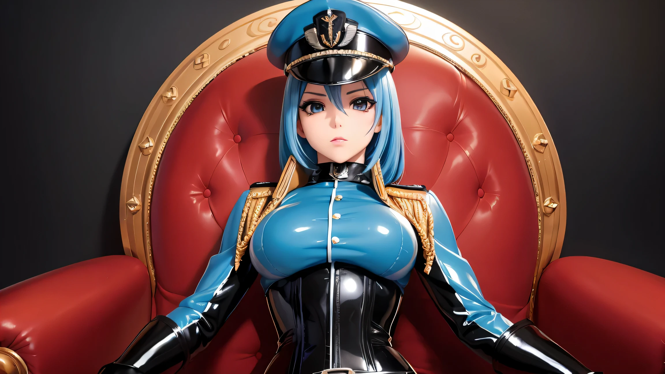 (high res, uhd, high definition, sharp, clear, 4k, 8k, high quality, ultra realistic textures) beauty, cute, mean facial expression, anime, seductive, dominatrix, femdom, mistress, smooth skin, extremely shinny, glossy, polished, gleaming, leather, latex, anime, female, full body latex jumpsuit, black dominatrix officer hat, black military officer uniform, gloves, dominatrix high heel boots, bondage body harness, corset, light blue hair, brown eyes. location: siting on shinny latex queen throne in a royal palace. Camera angle: camera looking up from boots, female looking down. dominant confident pose