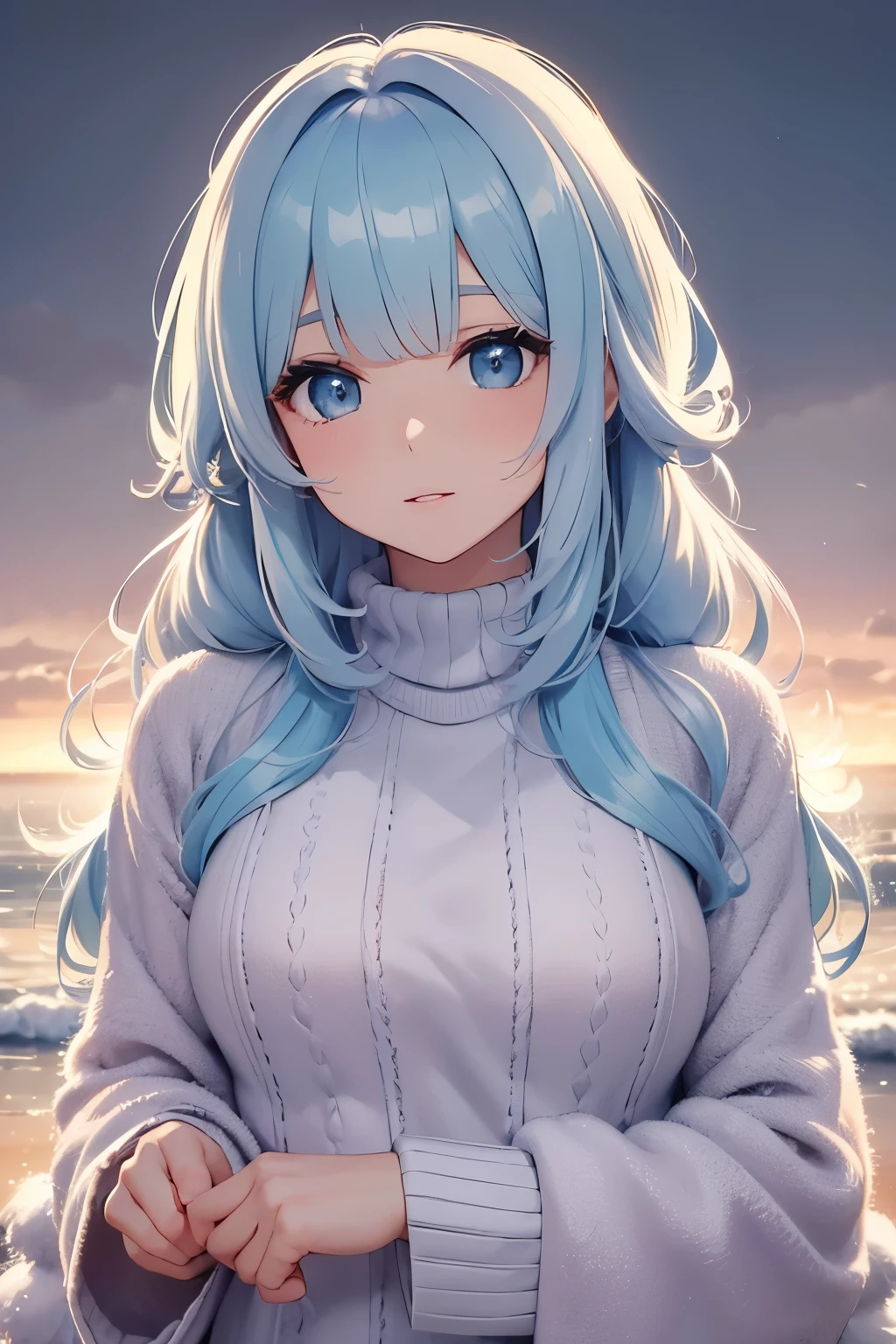 best quality, 32k, RAW photo, incredibly absurdres, extremely detailed, delicate texture, cute woman, (fluffy flowing layered side blow bangs hairstyle), wearing fluffy long-pile knit sweater, background iridescent pastel color