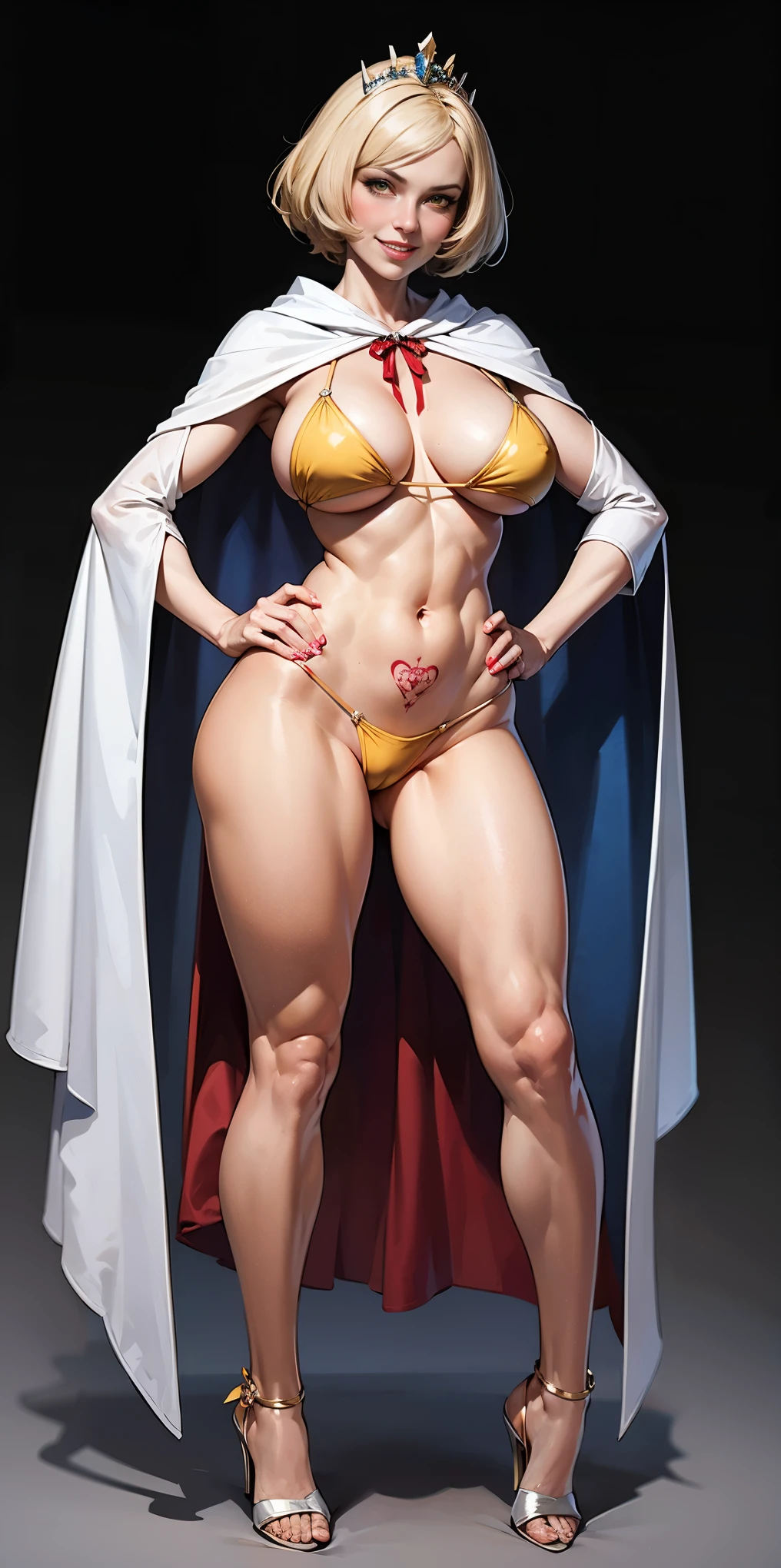 yellow eyes, blonde hair, short hair, blue ribbon, large breasts, detached sleeves, very white background, royal tiara, long cape, yellow tiger bikini, high heels, hands on hips. red tattoo on belly, full body female milf, lustful smirking smile face (red blush)
