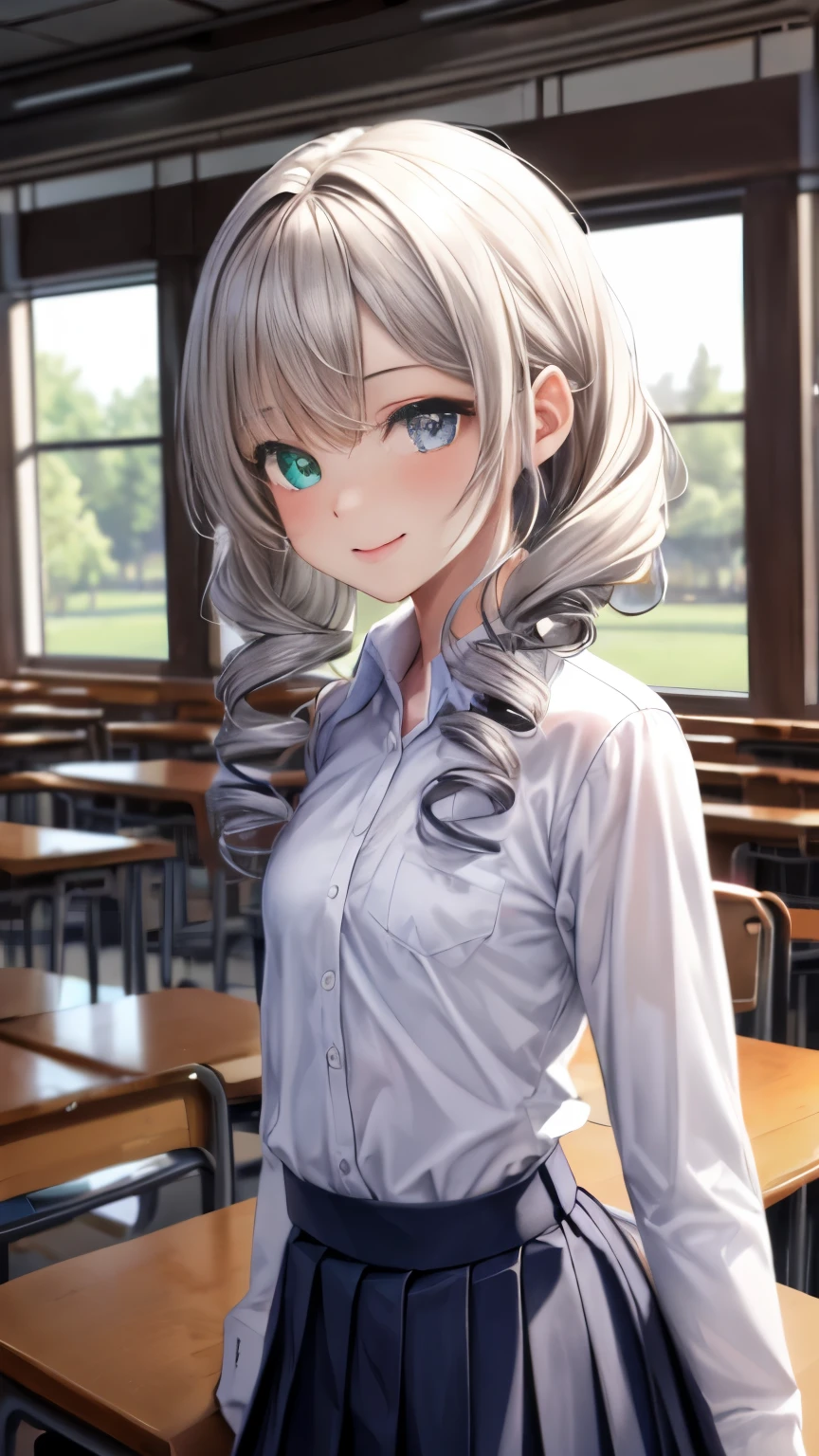 School, highest quality, (table top:1.2), figure, absurd, (1 girl), (alone), (beautiful detailed girl), (Upper body, portrait), small breasts, , smile, blush, looking at the viewer,looking at the viewer、1 girl、solo、Full body Esbian、standing、backwards、cowboy shot、 Waterstone、heterochromia iris、twin drill、{{school uniform}}, (white collared shirt:1.5), white shirt, checked skirt, pleated skirt,