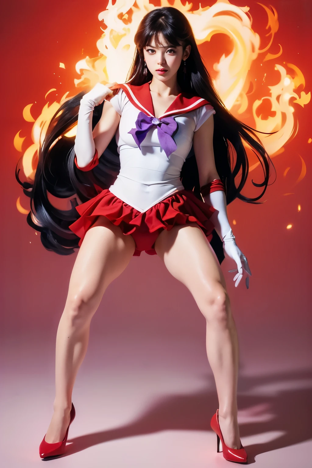 1 girl,long hair, (high quality,8K,black hair, realistic, 最high quality,masterpiece,Super detailed, disorganized)1.5,((Summer 1, tiara, Sailor Senshi Uniform, white gloves, Red sailor collar, red skirt)),City of night,white gloves,purple ribbon,purple eye, (magical world,fire),high heels, (full body photo, doing squats:1.5), Thick tentacles wrap around limbs