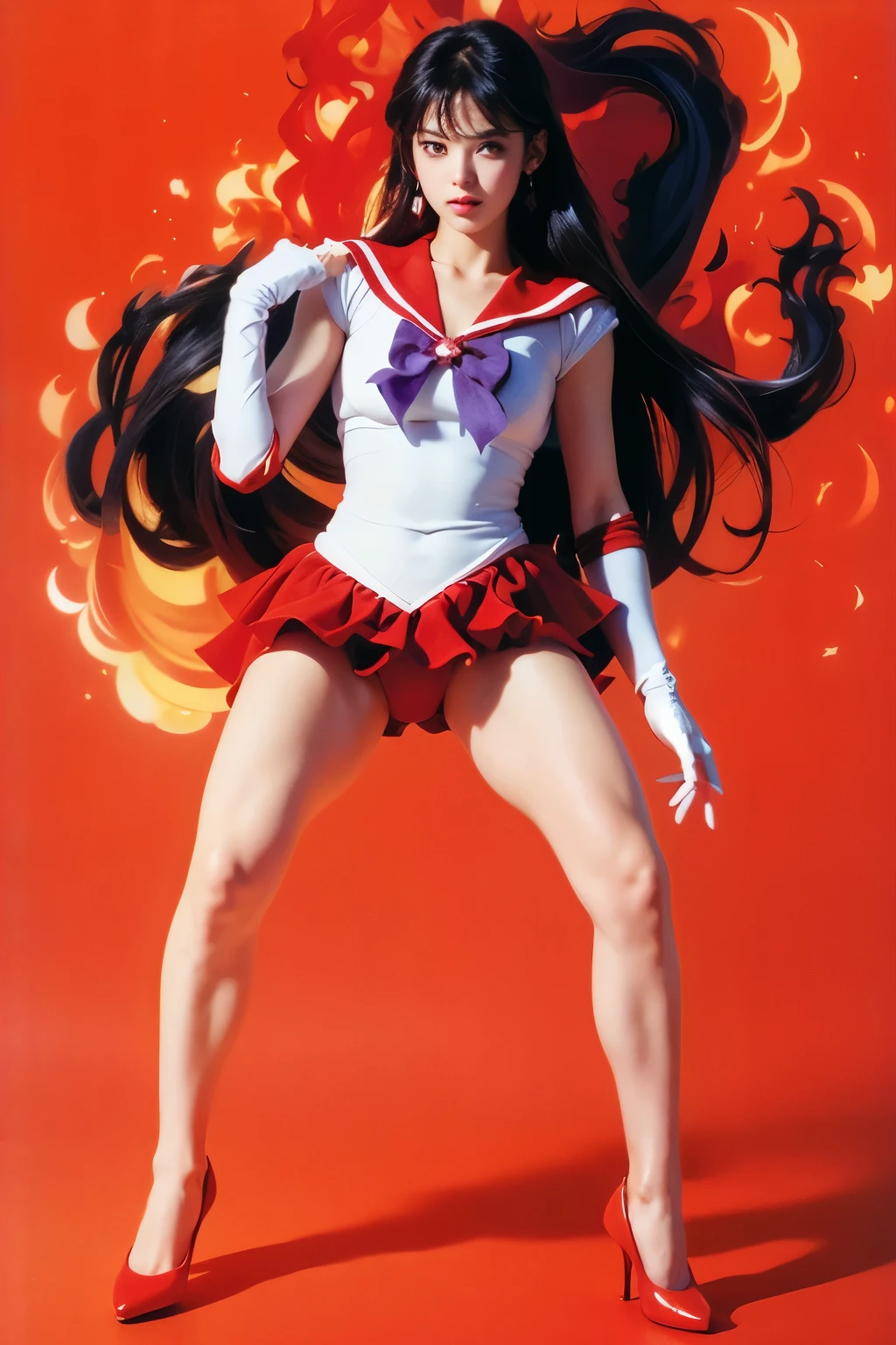 1 girl,long hair, (high quality,8K,black hair, realistic, 最high quality,masterpiece,Super detailed, disorganized)1.5,((Summer 1, tiara, Sailor Senshi Uniform, white gloves, Red sailor collar, red skirt)),City of night,white gloves,purple ribbon,purple eye, (magical world,fire),high heels, (full body photo, doing squats:1.5),  Thick tentacles wrap around limbs