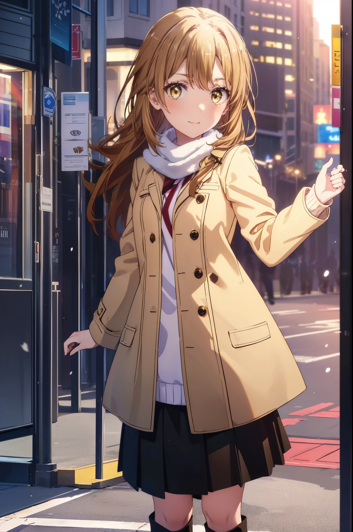 irohaisshiki, Isshiki Iroha, long hair, brown hair, (brown eyes:1.5), smile,blush,yellow long coat,sweater,red muffler,Ankle-length long black skirt,short boots,winter,It's snowing,
break outdoors, In town,building street,
break looking at viewer,
break (masterpiece:1.2), highest quality, High resolution, unity 8k wallpaper, (figure:0.8), (beautiful and fine eyes:1.6), highly detailed face, perfect lighting, Very detailed CG, (perfect hands, perfect anatomy),