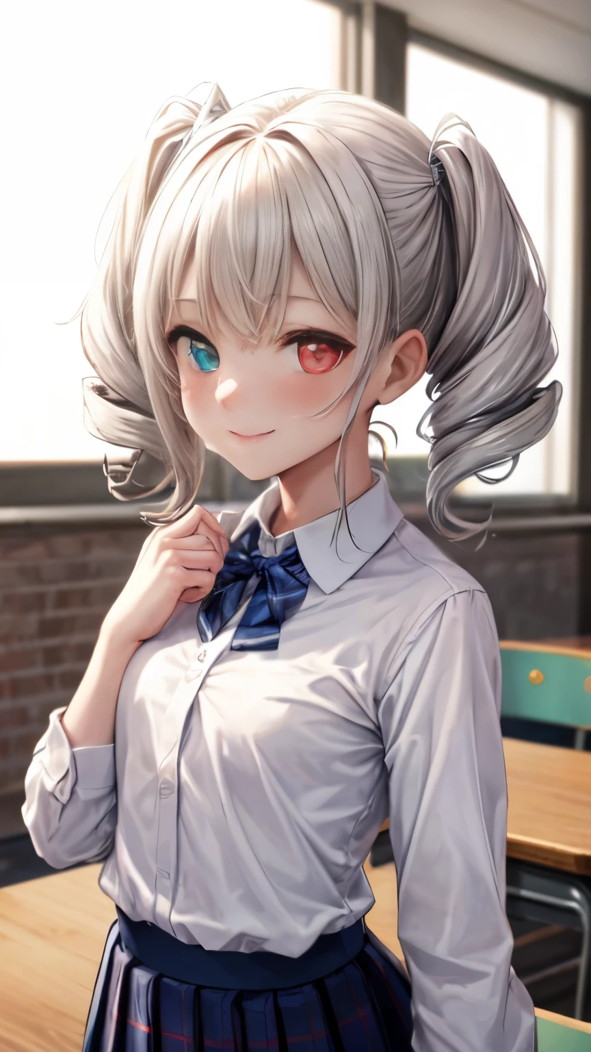 School, highest quality, (table top:1.2), figure, absurd, (1 girl), (alone), (beautiful detailed girl), (Upper body, portrait), small breasts, , smile, blush, looking at the viewer,looking at the viewer、1 girl、solo、Full body Esbian、standing、backwards、cowboy shot、 Waterstone、heterochromia iris、twin drill、{{school uniform}}, (white collared shirt:1.5), white shirt, checked skirt, pleated skirt,