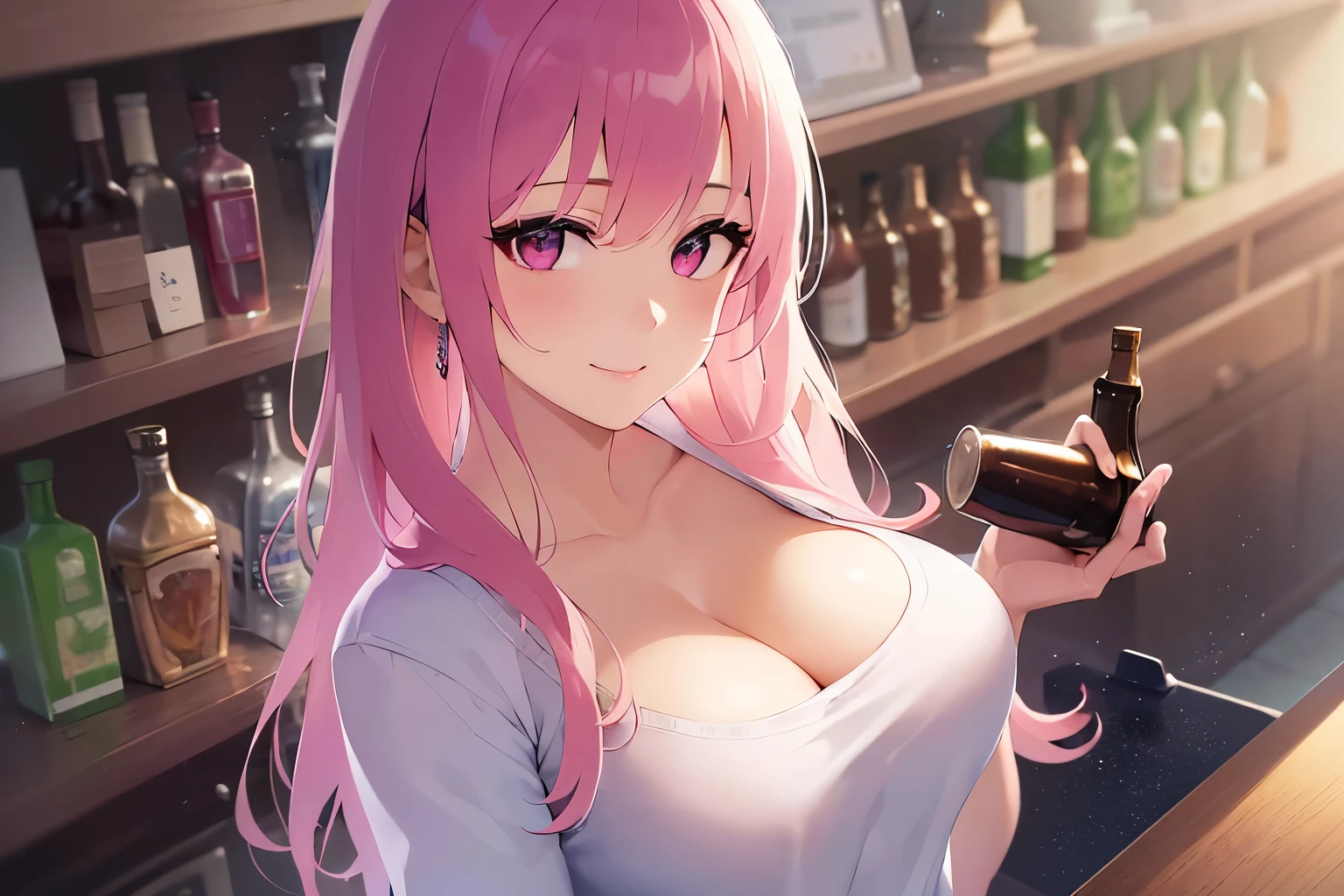 (shy,blush:1.1), smile, , shooting from above、c Upper body is shown、Realistic, real person, RAW photo, photorealistic, portrait photography, shiny skin, japanese idol、pink hair、Wavy medium hair with bangs、20 year old woman with pink eyes、wearing a white T-shirt、Alone、Are standing、The background is a liquor store