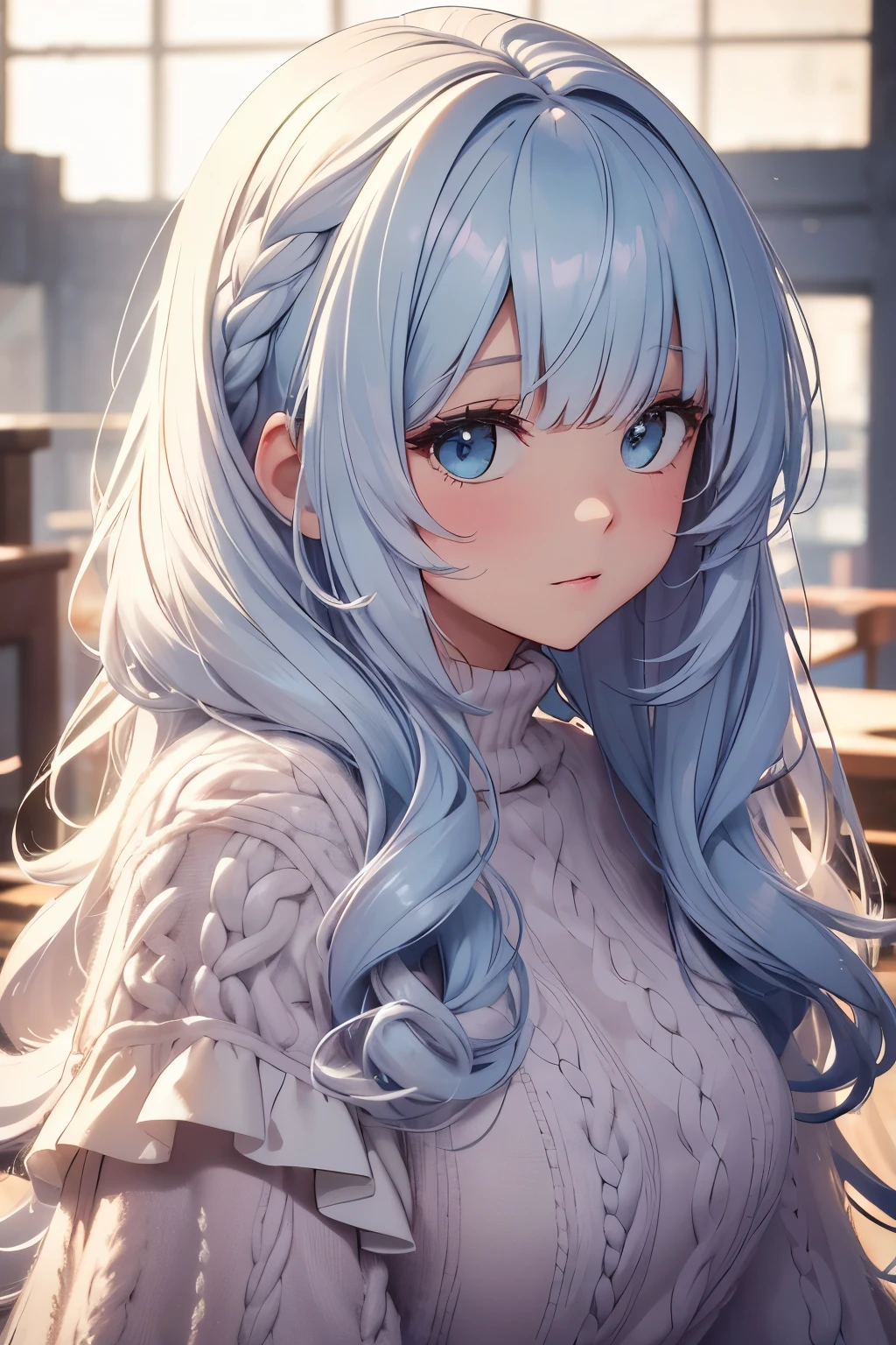 best quality, 32k, RAW photo, incredibly absurdres, extremely detailed, delicate texture, cute woman, (fluffy flowing layered side blow bangs hairstyle), wearing fluffy long-pile knit sweater, background iridescent pastel color