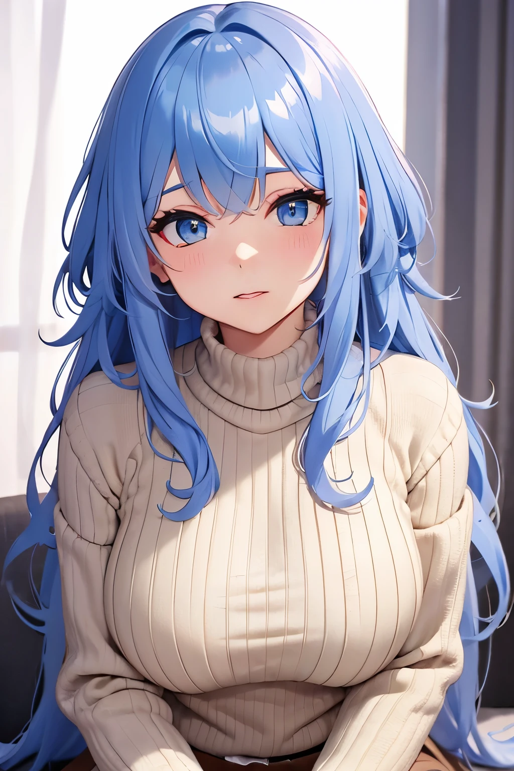 best quality, 32k, RAW photo, incredibly absurdres, extremely detailed, delicate texture, cute woman, (fluffy, flowing backwards, layered side blow, bangs, hairstyle), wearing fluffy long-pile knit sweater, background iridescent pastel color