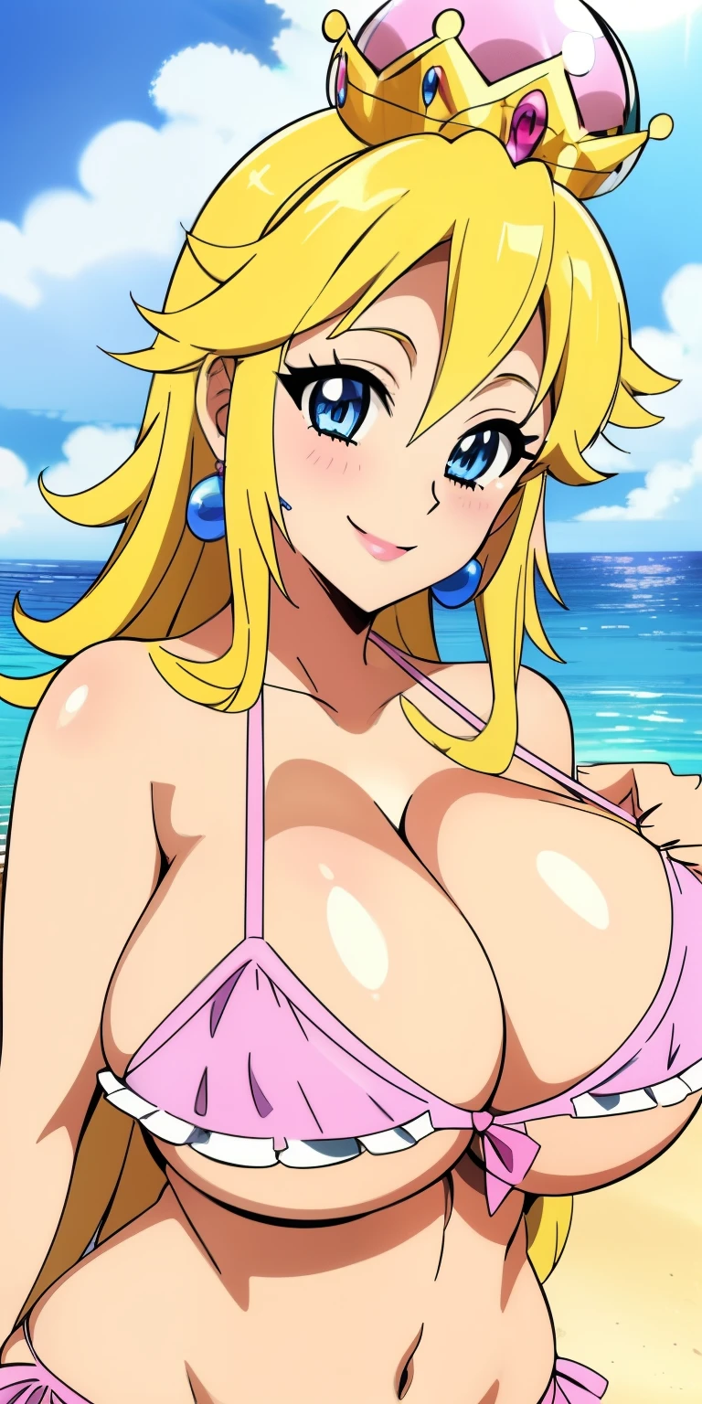 Princess Peach, big_breasts, blonde_female, blonde_hair, blue_eyes, breasts, cleavage, hair_between_eyes, hourglass_figure, huge_breasts, solo, 1girls, frilly bikini, strapeless tube top, smile, pink bikini, upper body, holding beach ball, midriff, beach