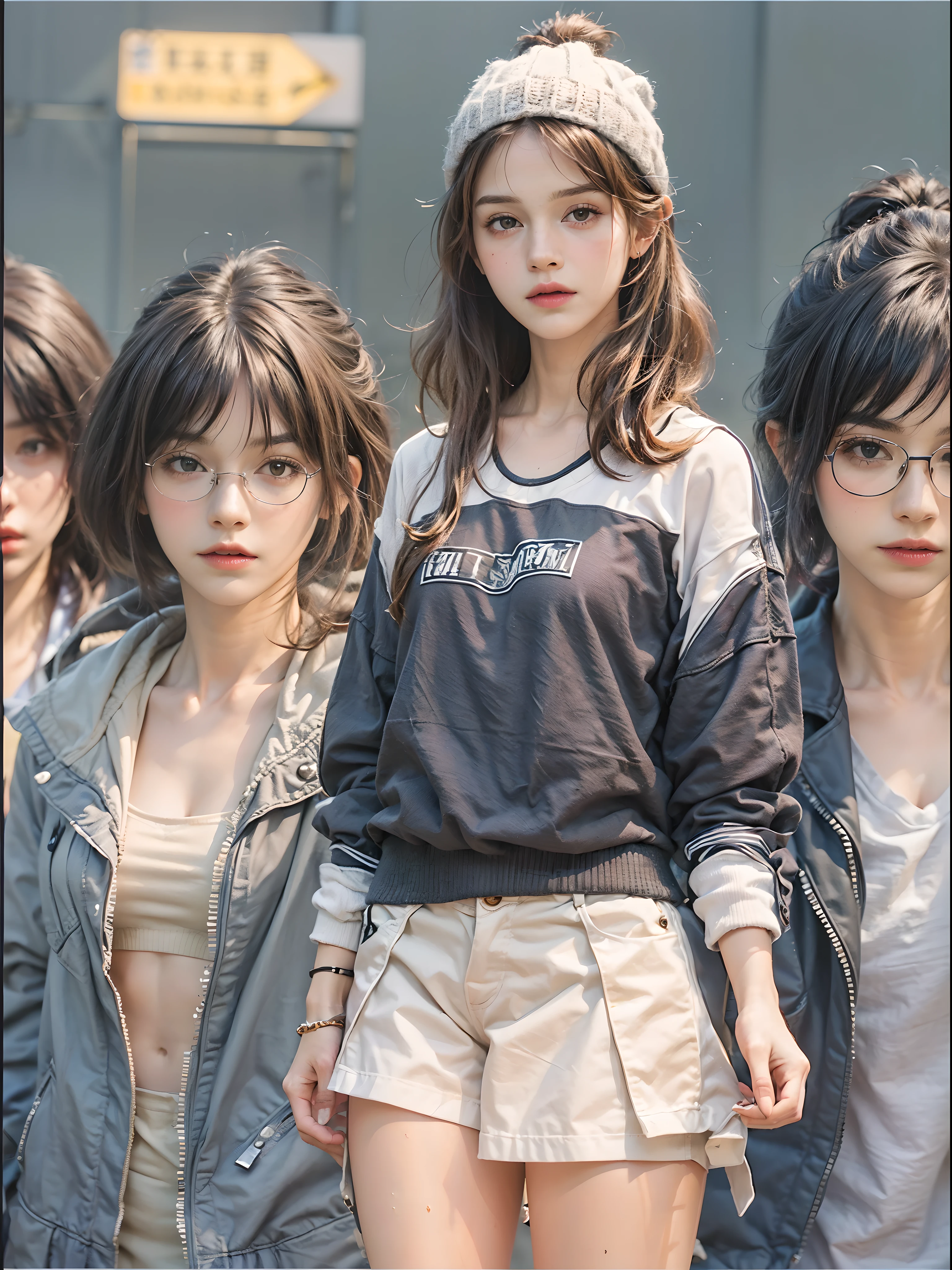 ((Small underhoulder length straight short hair: 1.2), （Extremely meticulous CG 8k wallpaper），（Extremely refined and beautiful），（Masterpiece），（best qualtiy：1.0），（Ultra High Resolution：1.0），beautiful light up，Perfect lightning，realistic shaded，[A high resolution]，Smooth and flawless fair skin，Extremely exquisite facial details，（perfect body：1.1），ultra - detailed，A beautiful girl，small head，(Small breasts:1.1)，Flat chests，slim，thin，Bandeau，（Light blue denim short skirt:1.1）,camel toe,(Black military boots:1.1)，early autumn，Dusk, sunset light，Standing at the school gate，Close Shot，Surrounded by a crowded crowd, (Emma_watson), full_body, 19 years old, tall, (smooth_abs:1.55), (abs:0.5), pretty, (long_skinny_legs), (skinny_waist), (((fair skin))), white skin, yellow/pink shorts, chestnut brown hair, looking at viewer, glasses, white knit hat