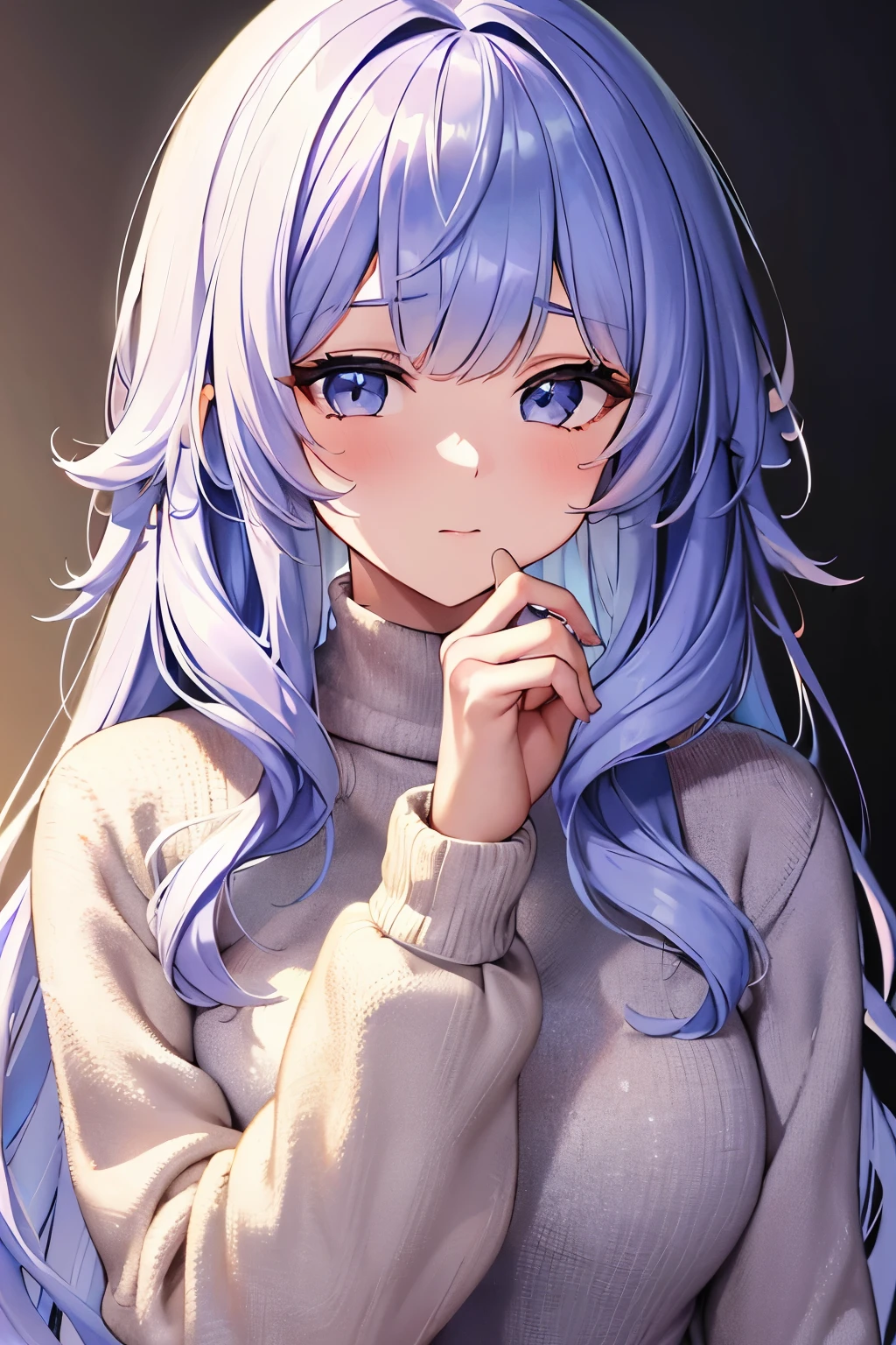 best quality, 32k, RAW photo, incredibly absurdres, extremely detailed, delicate texture, cute woman, (fluffy, flowing backwards, layered side blow, bangs, hairstyle), wearing fluffy long-pile knit sweater, background iridescent pastel color