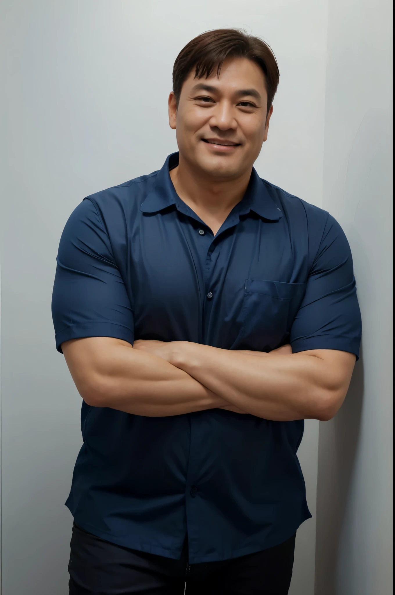 Upper body view of smiling plumbing expert wearing royal blue work shirt with arms crossed forward, height 178cm, white wall background, advertising image, clean image, friendly image, commercial banner, corporate photo, Official image, The entire device, man, Age 48, Weight 80kg, Actor Kwak Do-won, fatness, long bangs