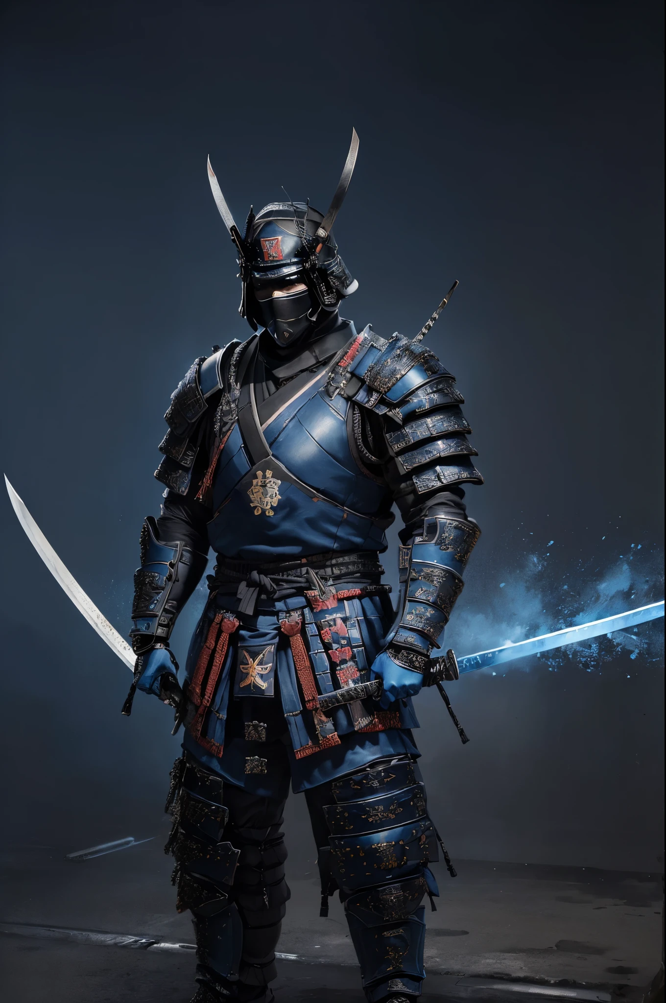 (urban samurai:1.5), (Wearing a Demon Mask), full body, (Armed with a long and large Japan sword), facing front, magnificent artwork, (Blue and black modern army military cloth armor:1.5), Full Rendering, Encaustic Painting, (modern Tokyo city background)