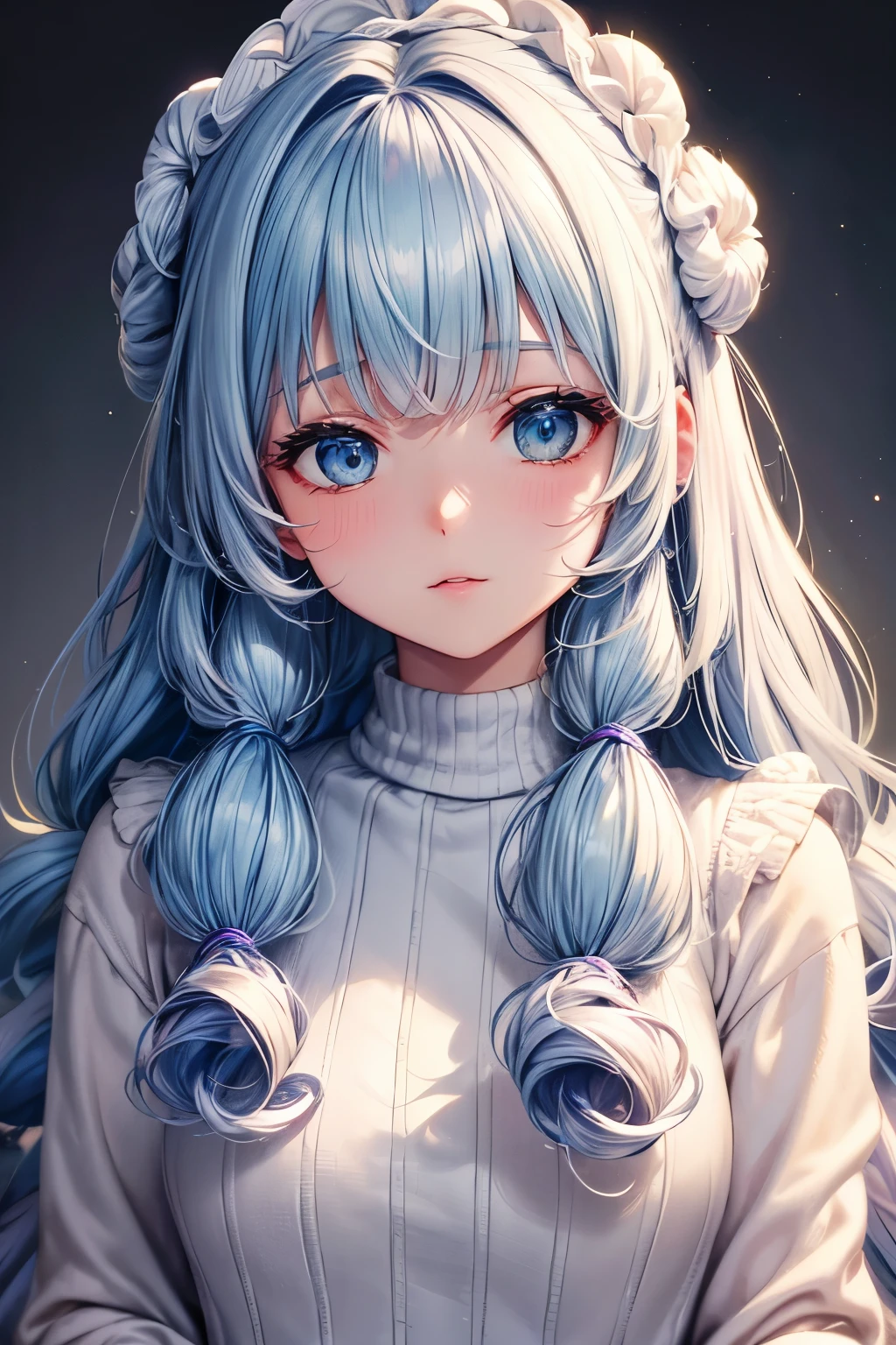 best quality, 32k, RAW photo, incredibly absurdres, extremely detailed, delicate texture, cute woman, (fluffy, flowing backwards, curling outwards, bangs, hairstyle), wearing fluffy long-pile knit sweater, background iridescent pastel color