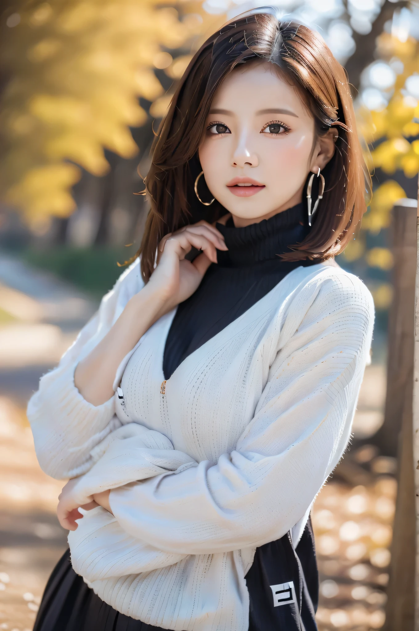 ((masterpiece)), ((highest quality)), (super detailed), ((cute)), cute, (Lovely), ((sexy)), (device), ((very detailed)), 4K, (8K), highest quality, (beautiful), figure, dynamic angle, in the middle, fold your arms, forest, evening, Beautiful woman, alone, warrior, (cold weather gear:1.3), beautiful blue hair, beautiful brown eyes, ((beautiful eyes)), long hair, white teeth, lip, hair ornaments, earrings, necklace, blush, Lens flare, shiny,bob cut hair,