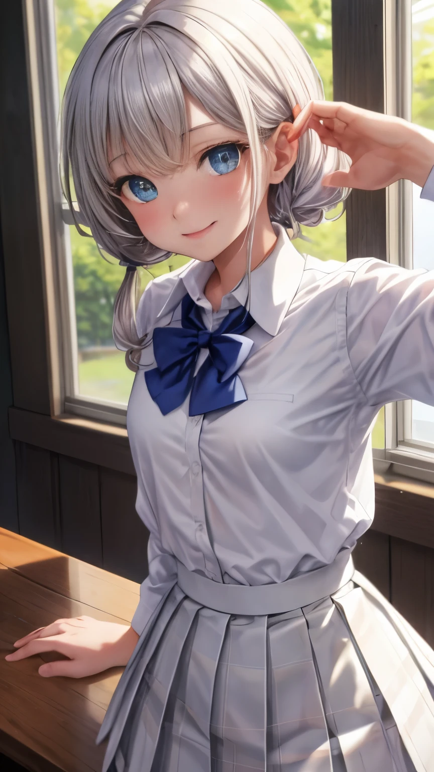 School, highest quality, (table top:1.2), figure, absurd, (1 girl), (alone), (beautiful detailed girl), (Upper body, portrait), small breasts, , smile, blush, looking at the viewer,looking at the viewer、1 girl、solo、Full body Esbian、standing、backwards、cowboy shot、 Waterstone、heterochromia iris、twin drill、{{school uniform}}, (white collared shirt:1.5), white shirt, checked skirt, pleated skirt,