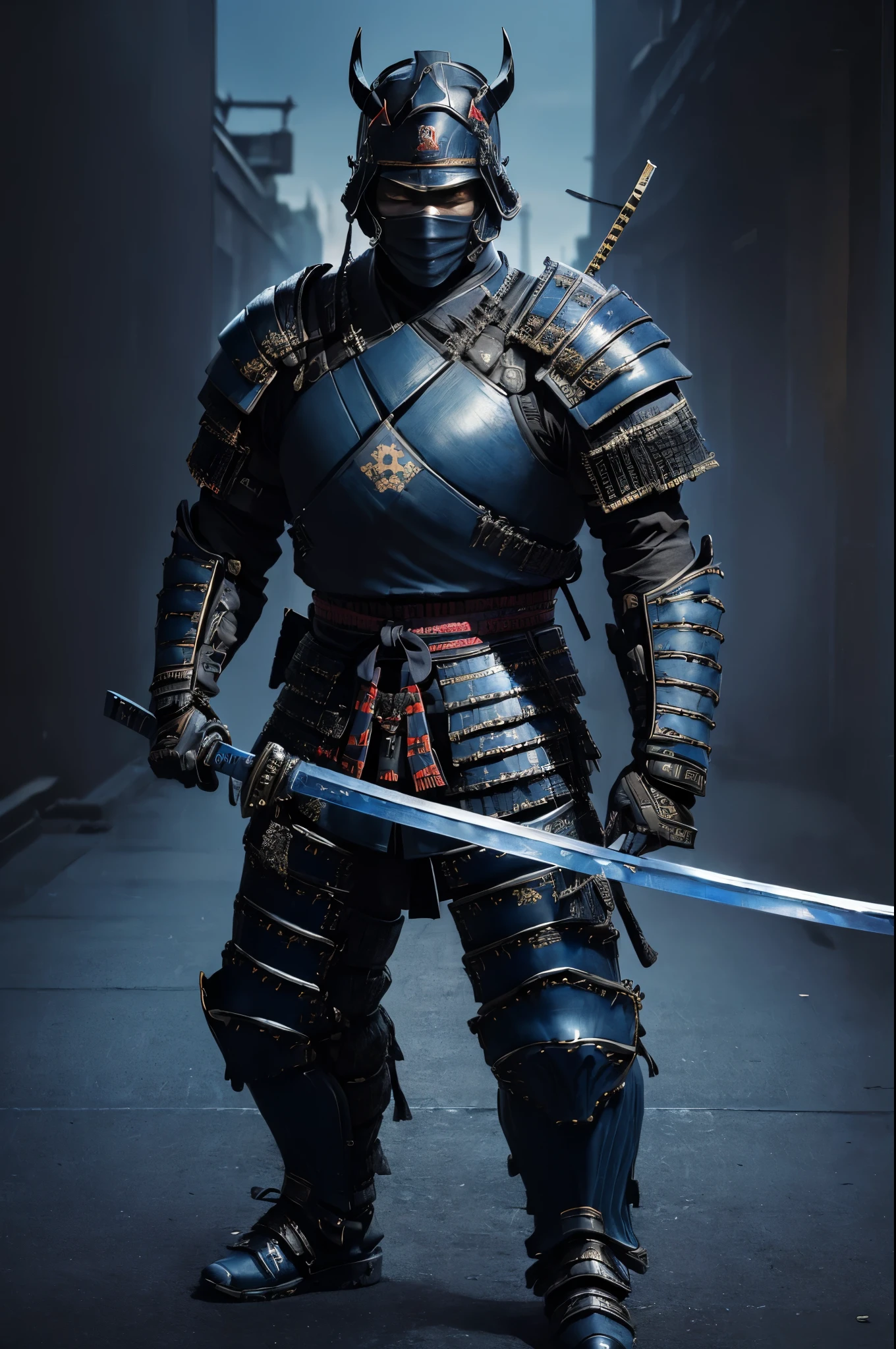 (urban samurai:1.5), (Wearing a Demon Mask), full body, (Armed with a long and large Japan sword), facing front, magnificent artwork, (Blue and black modern army military cloth armor:1.5), Full Rendering, Encaustic Painting, (modern Tokyo city background)