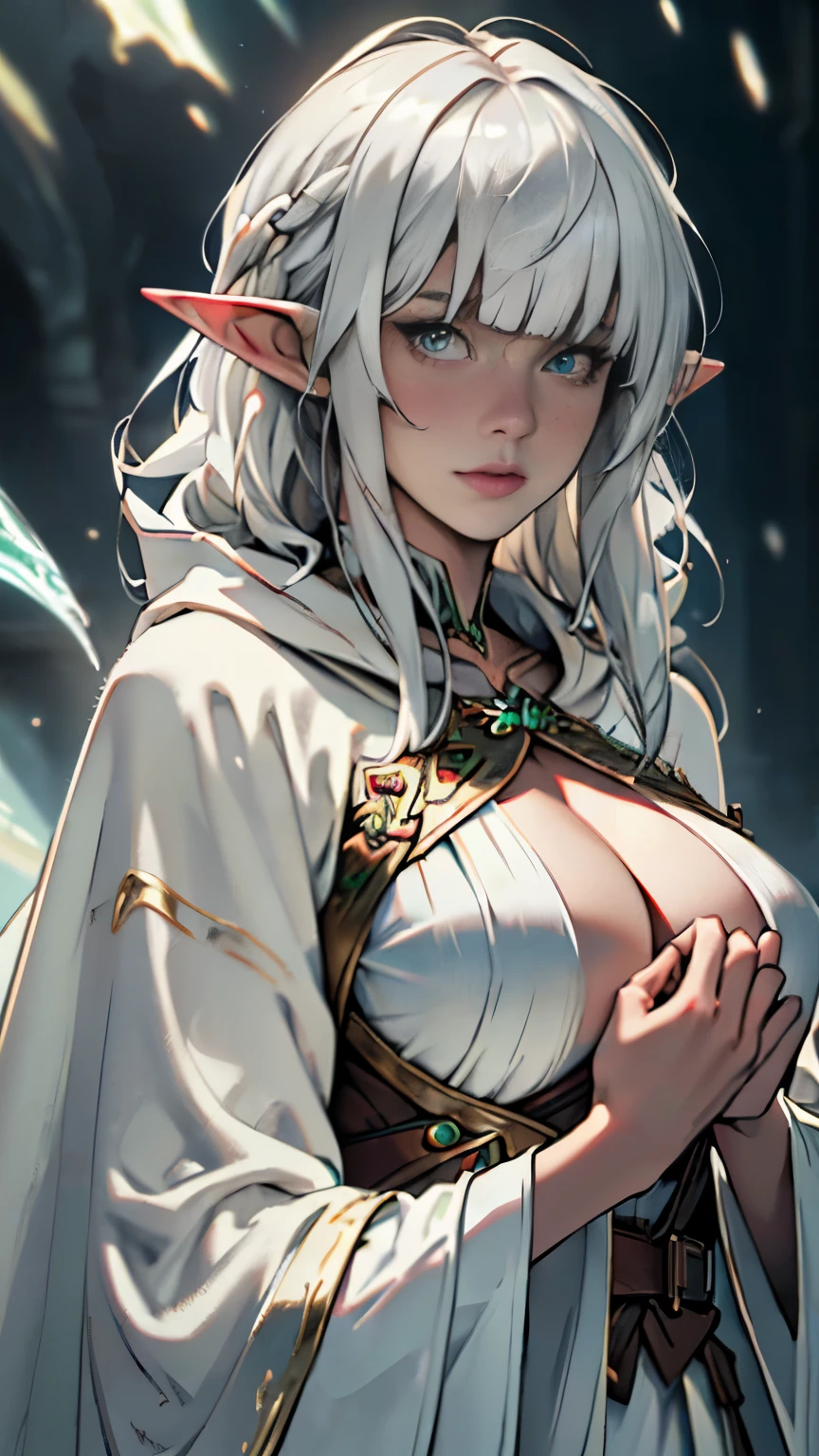 (best quality,highly detailed,4k,8k,highres,masterpiece:1.2),realistic,ultra-detailed,elf woman,short and messy white hair,blunt bangs,big breasts,mage robes,fantasy