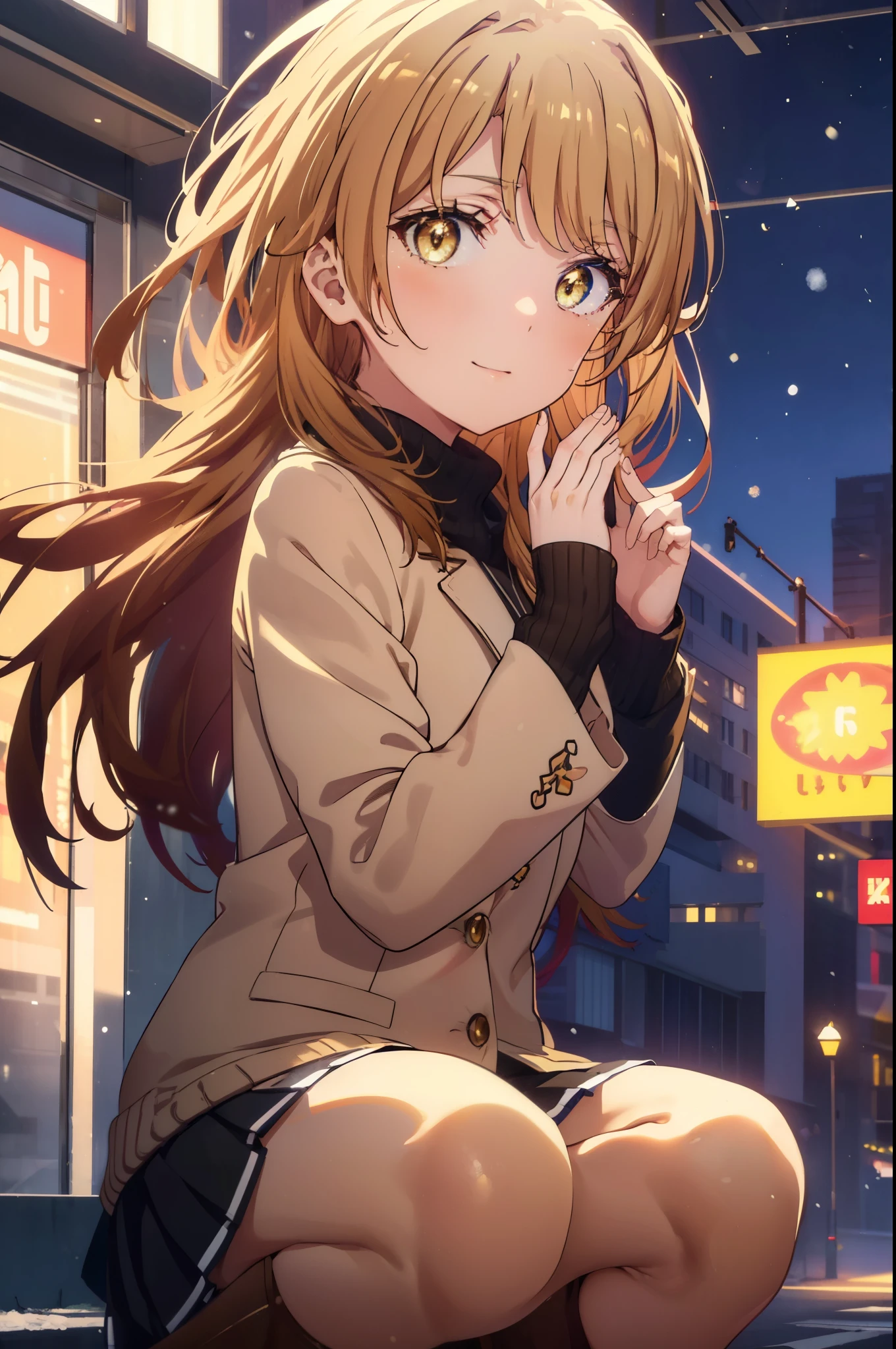 irohaisshiki, Isshiki Iroha, long hair, brown hair, (brown eyes:1.5), smile,blush,yellow long coat,sweater,red muffler,long skirt black pantyhose,,short boots,winter,It&#39;s snowing,
break outdoors, city,building street,
break looking at viewer,
break (masterpiece:1.2), highest quality, High resolution, unity 8k wallpaper, (shape:0.8), (beautiful and detailed eyes:1.6), highly detailed face, perfect lighting, Very detailed CG, (perfect hands, perfect anatomy),