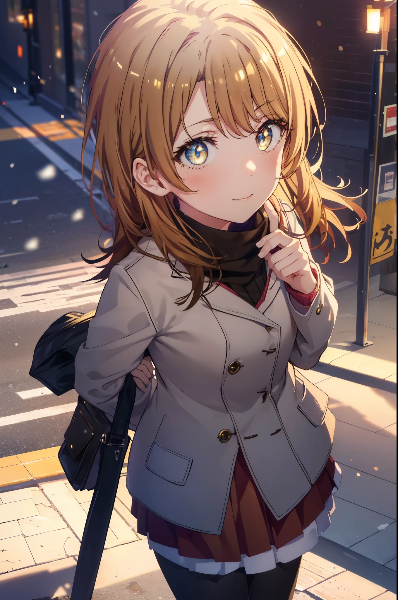 irohaisshiki, Isshiki Iroha, long hair, brown hair, (brown eyes:1.5), smile,blush,yellow long coat,sweater,red muffler,long skirt black pantyhose,,short boots,winter,It's snowing,
break outdoors, city,building street,
break looking at viewer,
break (masterpiece:1.2), highest quality, High resolution, unity 8k wallpaper, (shape:0.8), (beautiful and detailed eyes:1.6), highly detailed face, perfect lighting, Very detailed CG, (perfect hands, perfect anatomy),