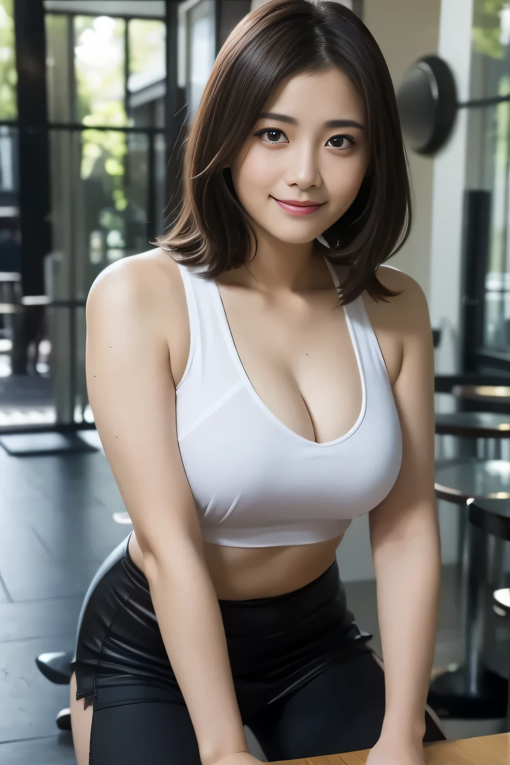 In 8K,highest quality:1.4, ultra high resolution:1.5, (realistic:1.4),masterpiece:1.2,(highest quality:1.4)、 RAW photo、 １japanese girl、 cute、medium breasts:1.5、 (alone:1.8)、kitchen、 (shy smile:1.3), smooth skin、30 years old:1.5、beautiful black eyes、natural skin texture:1.3, Realistic eye and face details:1.8、 (brown medium hair,bangs), (touch hair:1.4)、Nogizaka、cute colorful apron、cafe clerk、supple fingertips、beautiful black eyes、natural skin texture:1.3, Realistic eye and face details:1.7、look at the audience、full body shot:1.8、beautiful feet、gravure、attractive girl、Are standing、coffee shop