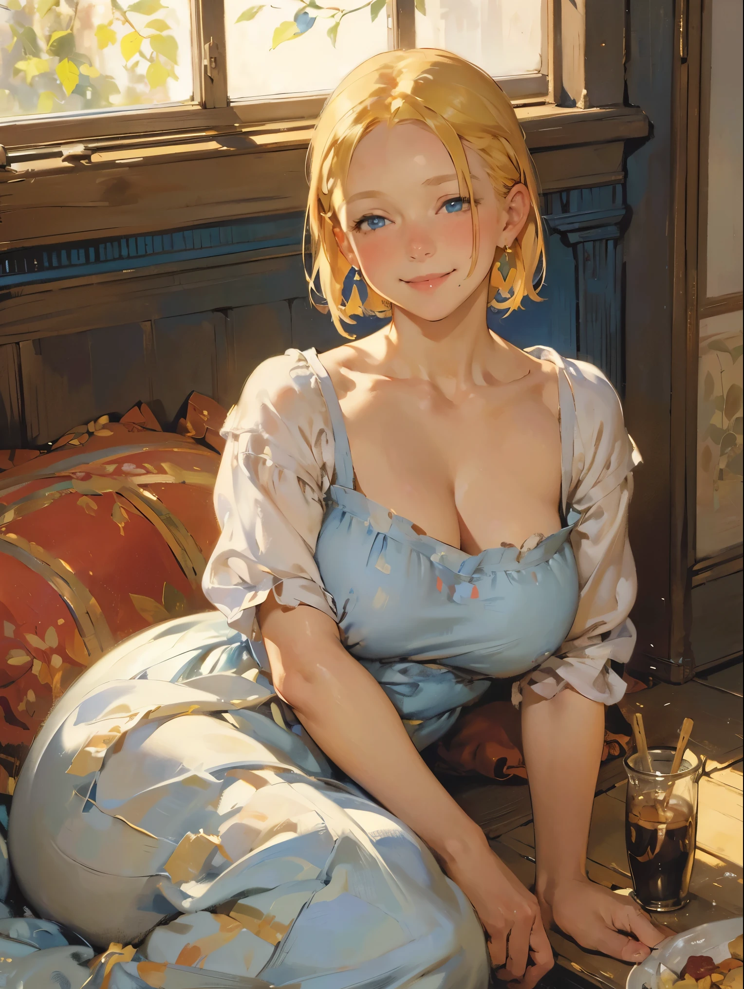 art by (Carl Larsson:1.2),(post-Impressionist),,((oil painting)),soft lighting,COOL,cammy sf6, 1girl,solo,blonde hair, short hair,blue eyes, large breast, scar on cheek , face,nose blush,(half-closed eyes),detailed eyes,looking at viewer,(smile:1.3),