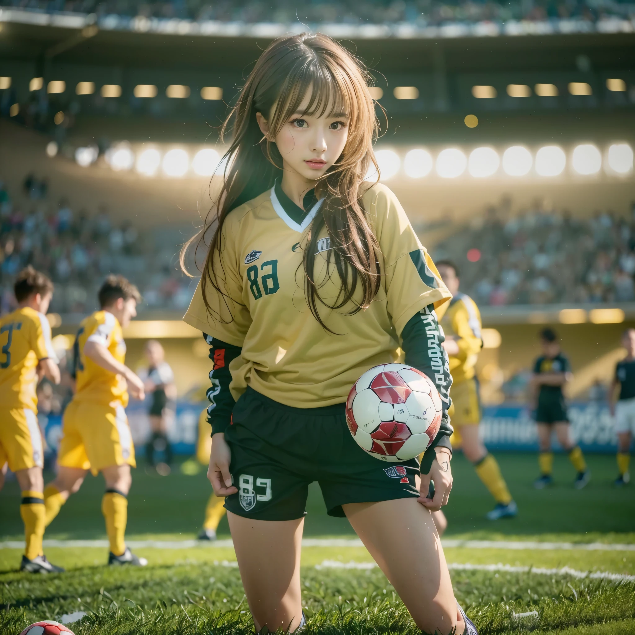 (realistic、Like a photograph、live action、8K, Photoreal, RAW photo, best image quality: 1.4), Single-lens reflex camera、RAW photo, highest quality, realistic, Highly detailed CG Unity 8K wallpaper, Depth of written boundary, cinematic light, Lens flare, ray tracing, realistic background、(soccerのユニフォーム:1.4)、((super dense skin))、 1 girl,cute japanese girl、女子soccer:1.1、((full body shot:1.5)、big breasts:1.4)、super detail face、random hairstyle:1.2、i like the style、Fashionable、super detailed background、pay attention to details、long hair、hair arrangement、hair up、wearing spikes、perfect costume、(wheat-colored skin)、(I can see the whole body)、beautiful feet:1.1,(soccer、stadium)、soccerボール