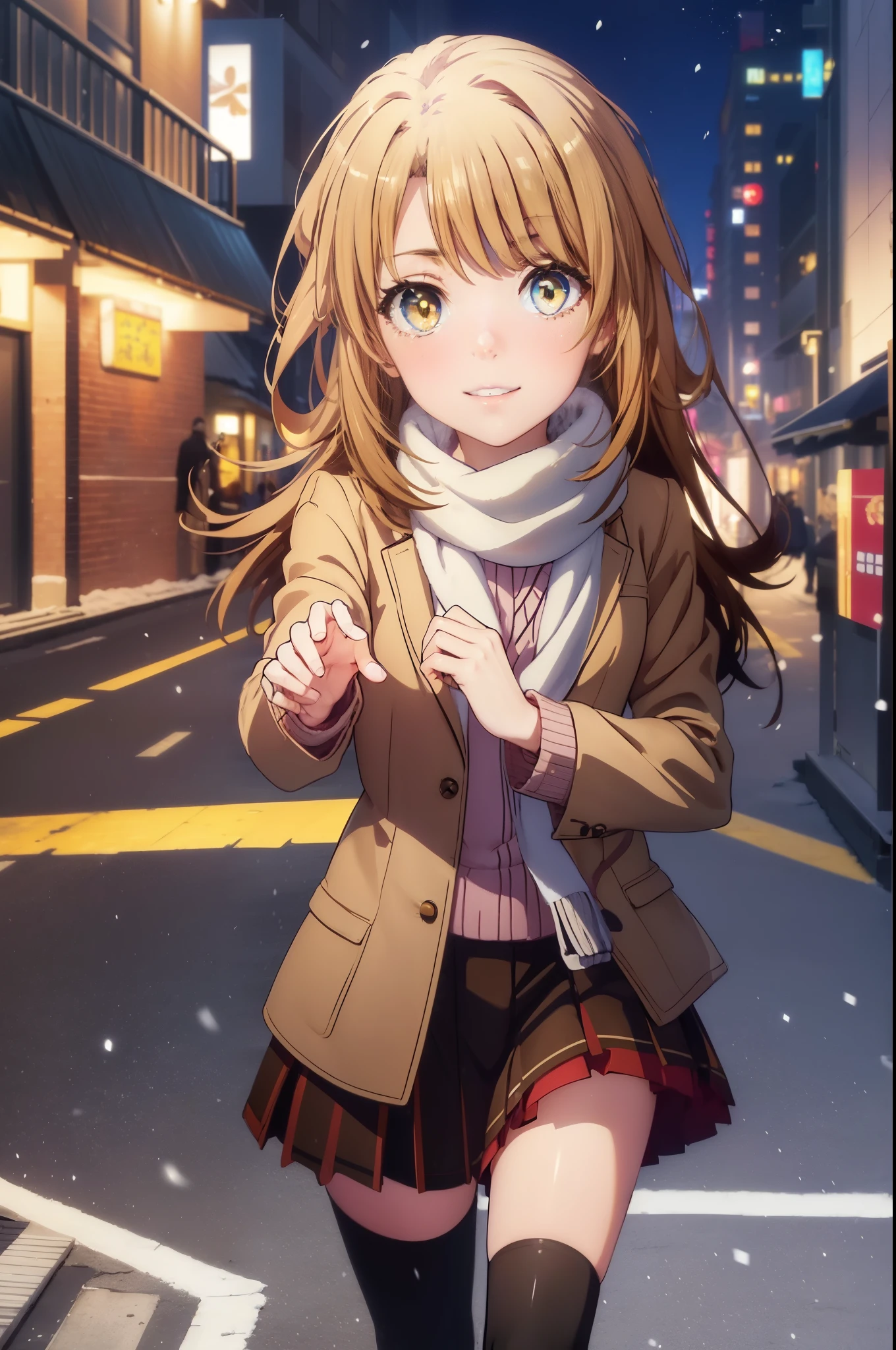 irohaisshiki, Isshiki Iroha, long hair, brown hair, (brown eyes:1.5), smile,blush,yellow long coat,sweater,red muffler,long skirt,Black pantyhose,short boots,winter,It's snowing,
break outdoors, city,building street,
break looking at viewer,
break (masterpiece:1.2), highest quality, High resolution, unity 8k wallpaper, (shape:0.8), (beautiful and detailed eyes:1.6), highly detailed face, perfect lighting, Very detailed CG, (perfect hands, perfect anatomy),