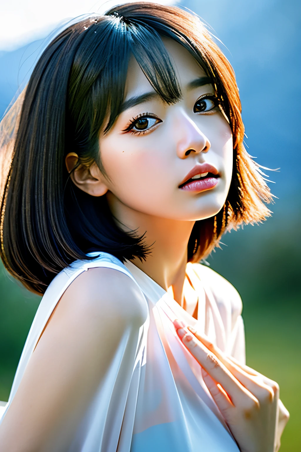 (high resolution:1.3), (8 thousand, realistic, RAW photos, best quality: 1.4), beautiful face, (realistic face), (black hair, Short hair:1.3), beautiful hairstyle, realistic eyes, beautiful and delicate eyes, (realistic skin), beautiful skin, attractive, ultra high resolution, extremely realistic, very detailed, golden ratio, outdoors,frightened,from below, pink floral blouse, small mole on the breast, pretty woman with a slim body :1.4, Ah bs :1.1, korean, pale skin, (floating wavy silky brown hair, hair floating in the wind, commonly_chest :1), (deep_split), white off shoulder shirt:1.2, long sleeves wet with wind, (sweaty skin on breasts:1), standing, night in the mountains, campfire lights, Super detailed face, detailed eyes, double eyelid, sparkly skin, cowboy shot