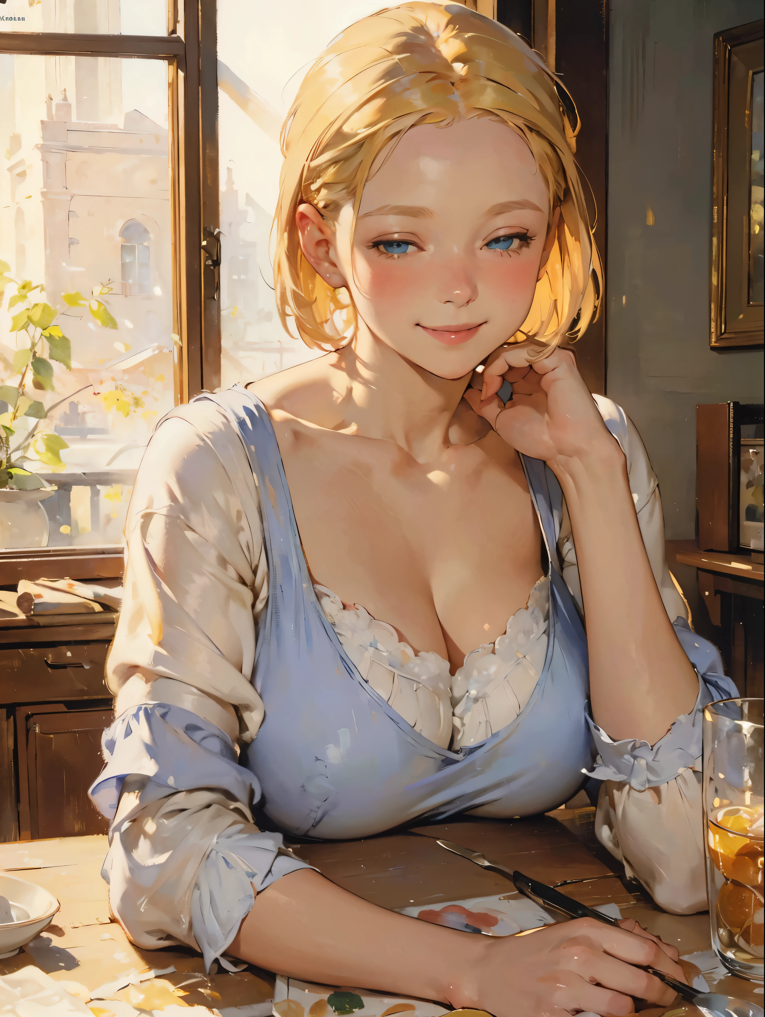 arte por (Carl Larsson:1.2),(postimpresionista),,((oil painting)),Soft lighting,cold,cammy sf6, 1 chica,Solo,pelo rubio, cabello corto,ojos azules, pechos grandes, cicatriz en la mejilla , rostro,rubor de nariz,(ojos medio cerrados),ojos detallados,mirando al espectador,(Sonrisa:1.3),