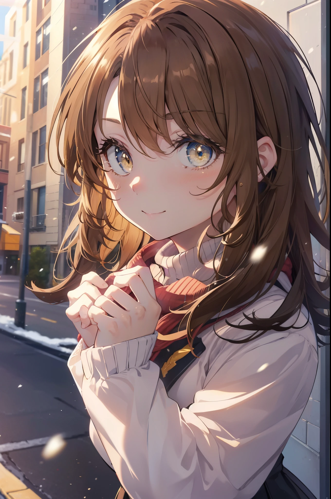 irohaisshiki, Isshiki Iroha, long hair, light brown hair, (brown eyes:1.5), smile,blush,yellow long coat,sweater,red muffler,long skirt,Black pantyhose,short boots,winter,It&#39;s snowing,
break outdoors, city,building street,
break looking at viewer,
break (masterpiece:1.2), highest quality, High resolution, unity 8k wallpaper, (shape:0.8), (beautiful and detailed eyes:1.6), highly detailed face, perfect lighting, Very detailed CG, (perfect hands, perfect anatomy),