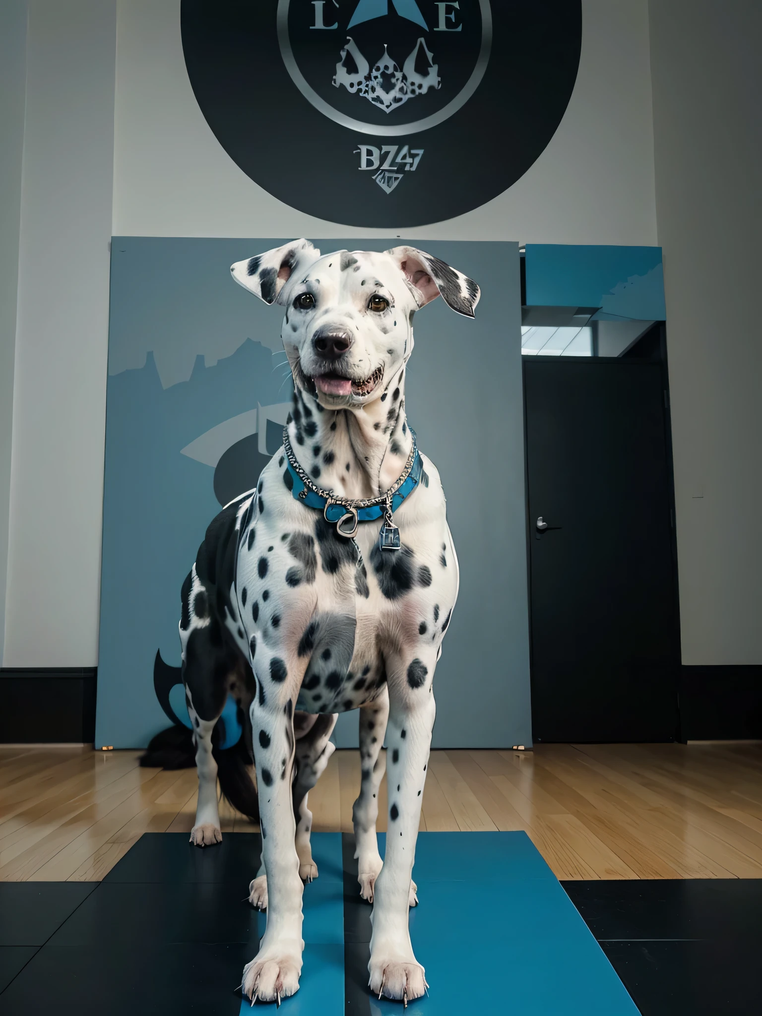 dalmatian images and photos, Big Gyms Great Dae Dog, dalmatian breeds, in the style of dark silver and azure, photo-realistic hyperbole, fawncore, dark silver and yellow, grand manner, large-scale, dazecore --ar 73:55, Color Field painting, 16k