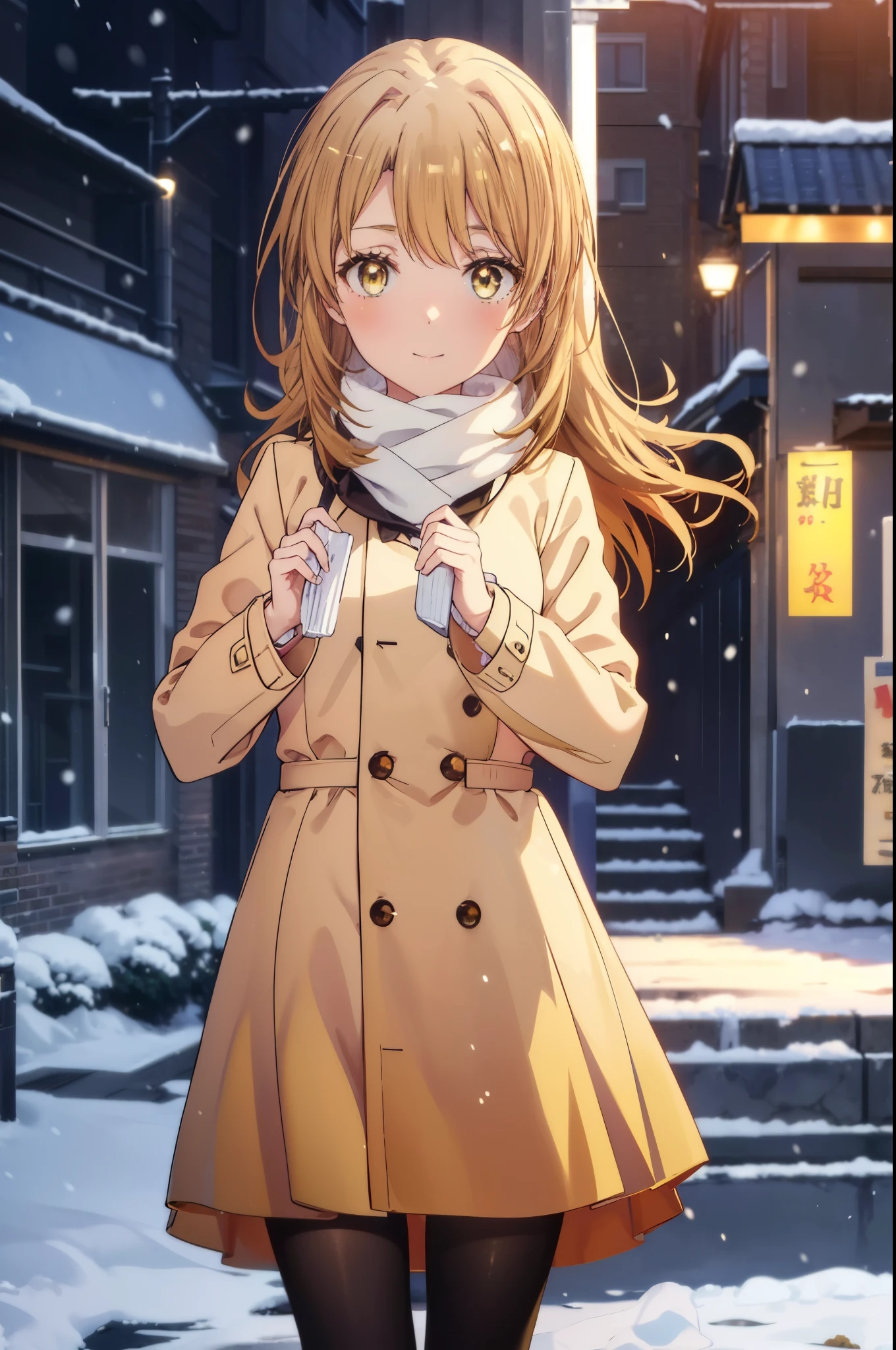 irohaisshiki, Iroha Isshiki, Long Hair, Brown Hair, (Brown eyes:1.5), Hair between the eyes, Pink Hair,happy smile, smile, Open your mouth,Knitted hat,Yellow coat,White scarf,White sweater,He has fluffy gloves on both hands..,Long skirt,black tights,short boots,Shirogane World,Snow is piled up,it&#39;s snowing,It&#39;s snowing,winter,Cold Sky,moonlight,full moon,night,
break looking at viewer, whole body, Upper Body,(Cowboy Shot:1. 5)
break outdoors, city,Building Street,
break (masterpiece:1.2), highest quality, High resolution, unity 8k wallpaper, (shape:0.8), (Fine and beautiful eyes:1.6), Highly detailed face, Perfect lighting, Highly detailed CG, (Perfect hands, Perfect Anatomy),