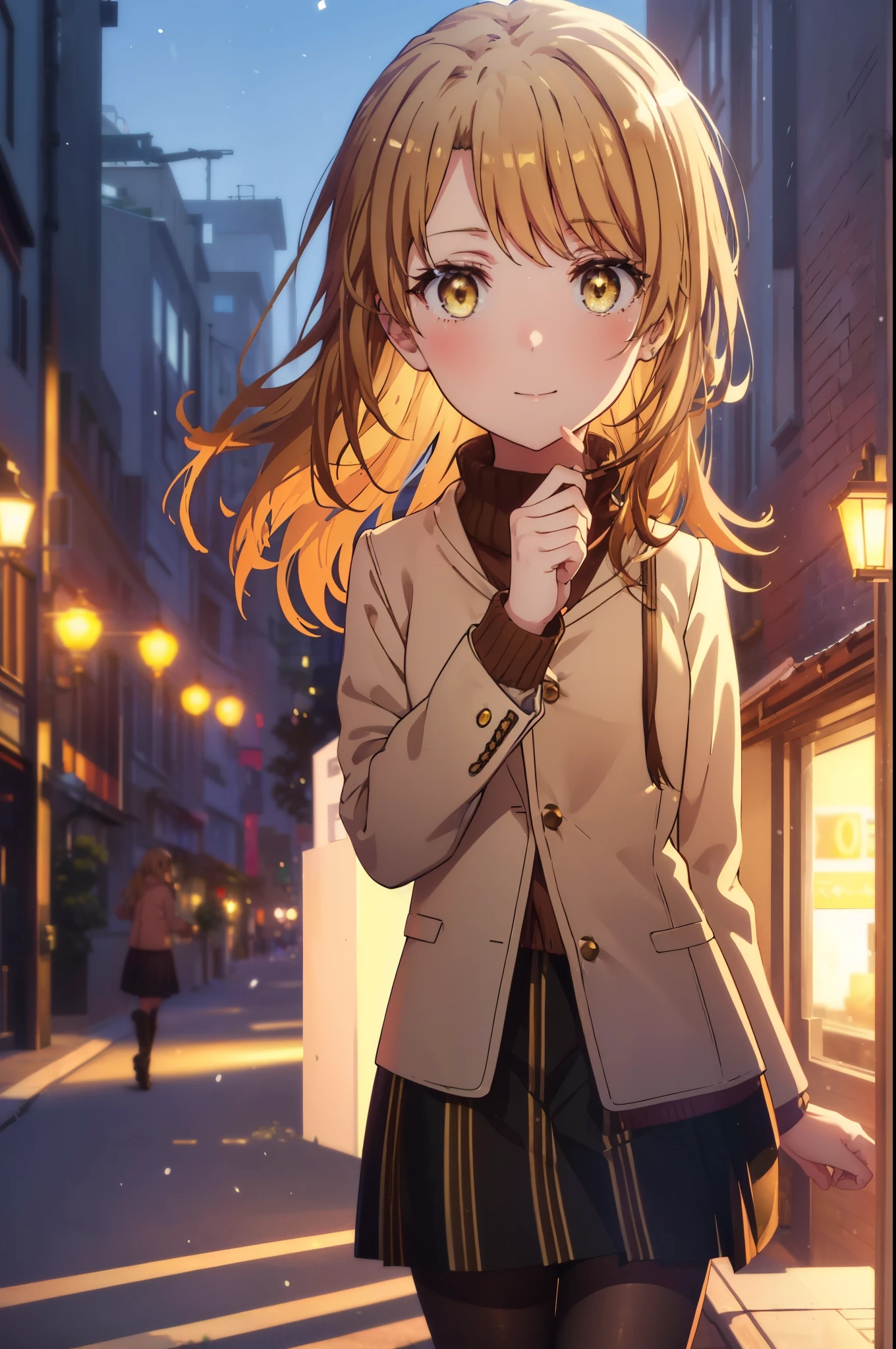 irohaisshiki, Isshiki Iroha, long hair, light brown hair, (brown eyes:1.5), smile,blush,yellow long coat,sweater,red muffler,long skirt,Black pantyhose,short boots,winter,It&#39;s snowing,gardenの階段に座ってる
break outdoors, city,garden,
break looking at viewer,
break (masterpiece:1.2), highest quality, High resolution, unity 8k wallpaper, (shape:0.8), (beautiful and detailed eyes:1.6), highly detailed face, perfect lighting, Very detailed CG, (perfect hands, perfect anatomy),