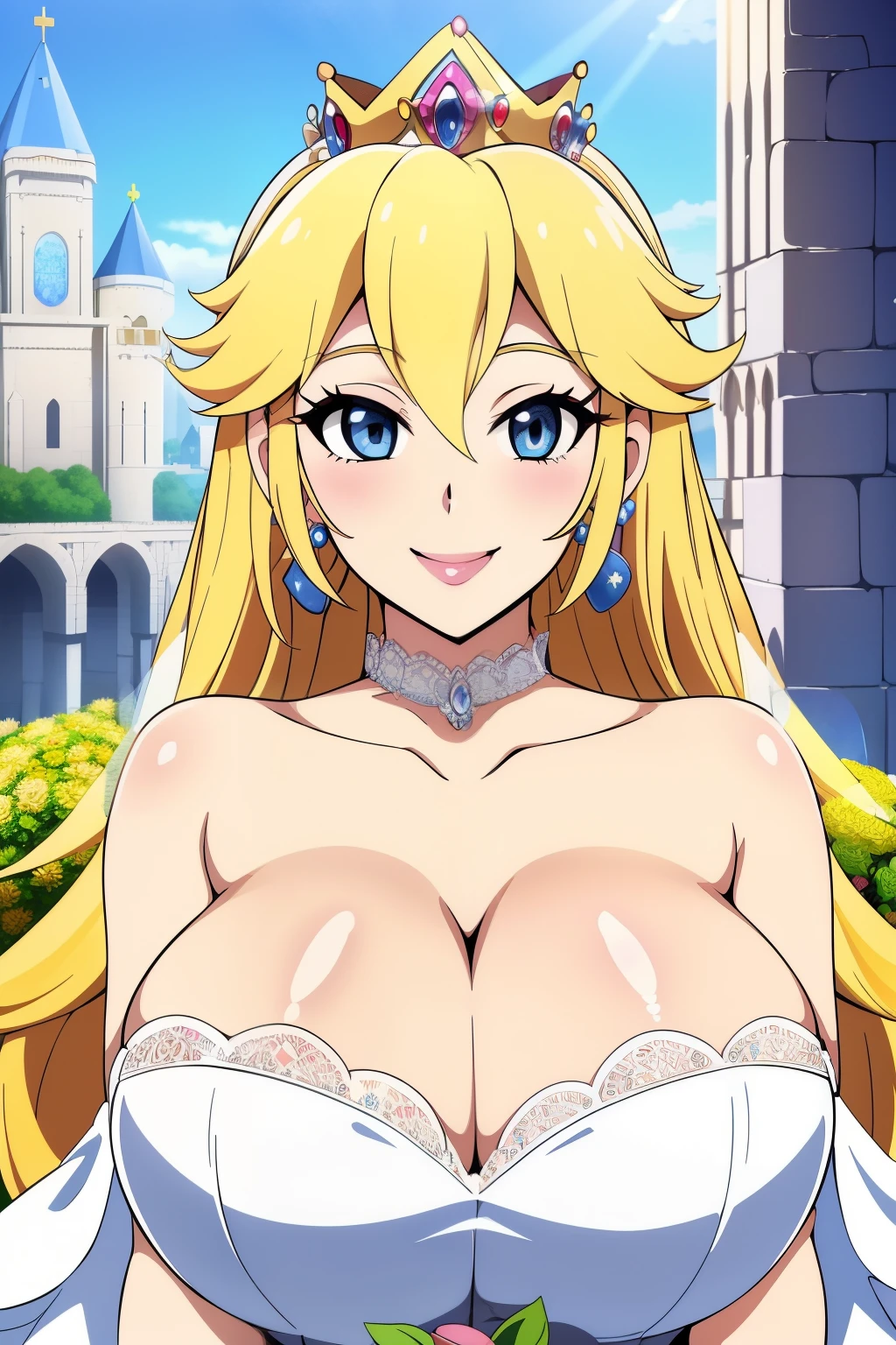 Masterpiece, best quality, Princess Peach, big_breasts, blonde_female, blonde_hair,  blue_eyes, breasts, cleavage, hair_between_eyes, hourglass_figure, huge_breasts, solo, 1girls, strapless, smile, white wedding dress, wedding veil, upper body, holding bouquet, church,  pov
